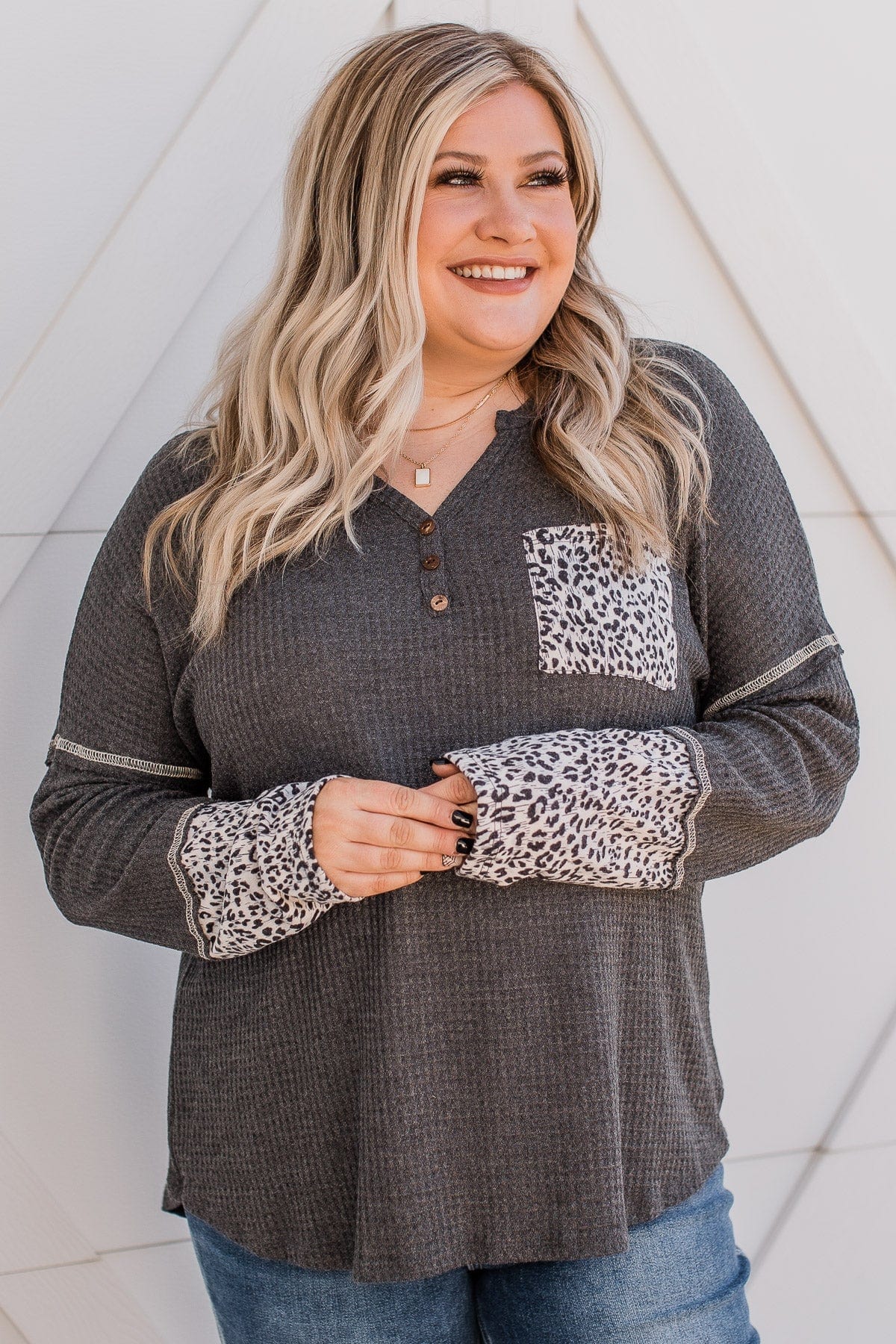 Here For It Knit Button Top- Charcoal - Image 2