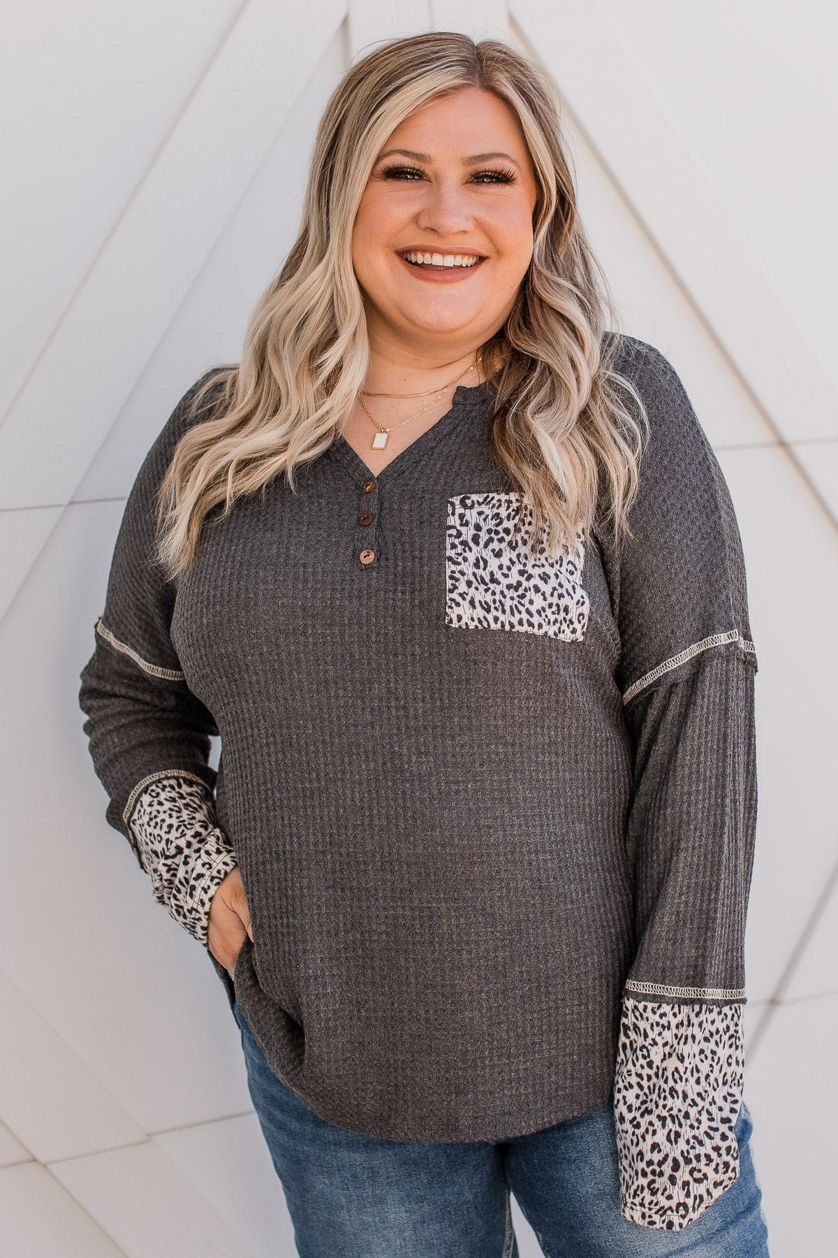 Here For It Knit Button Top- Charcoal - Image 4