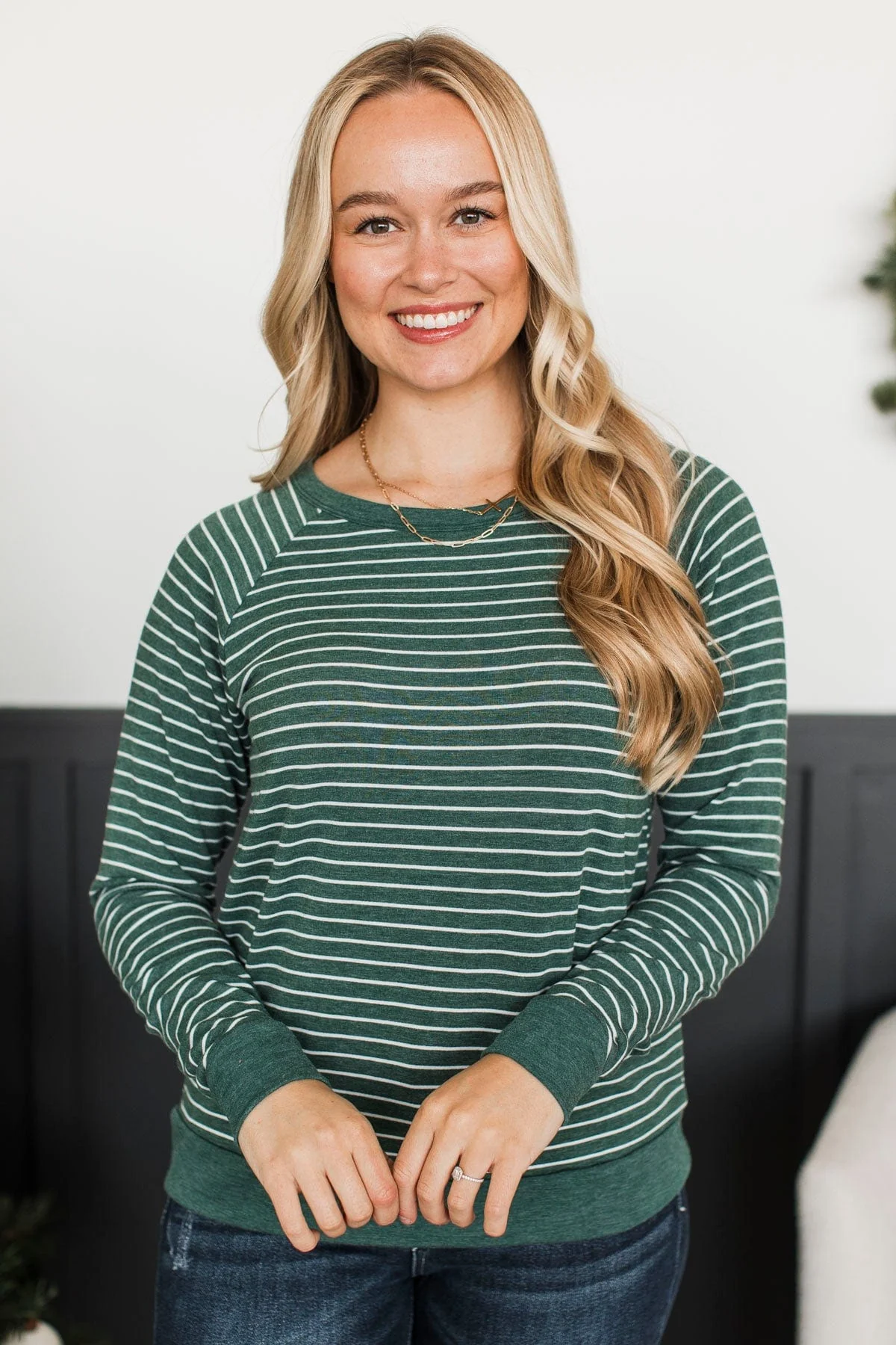 Here For This Striped Top- Hunter Green - Image 2