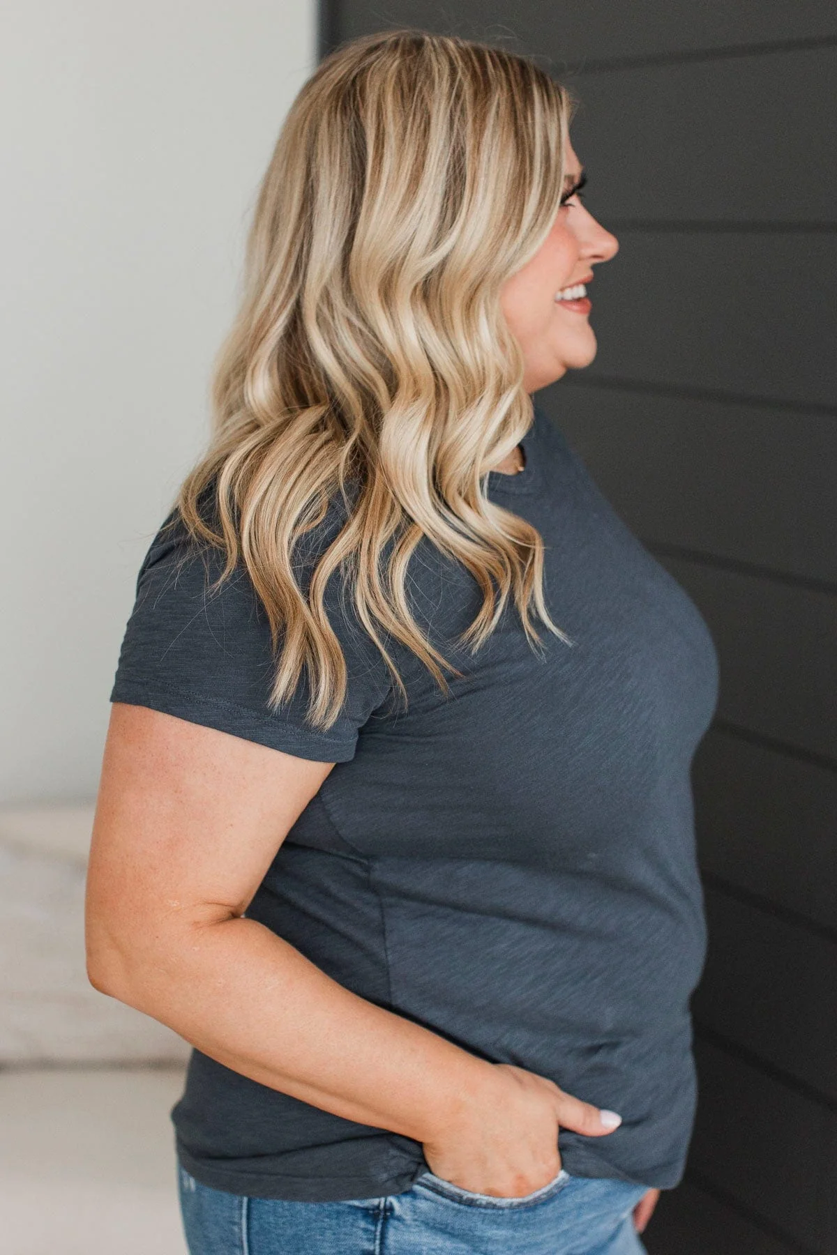 Here For Today Short Sleeve Top- Charcoal Blue - Image 5