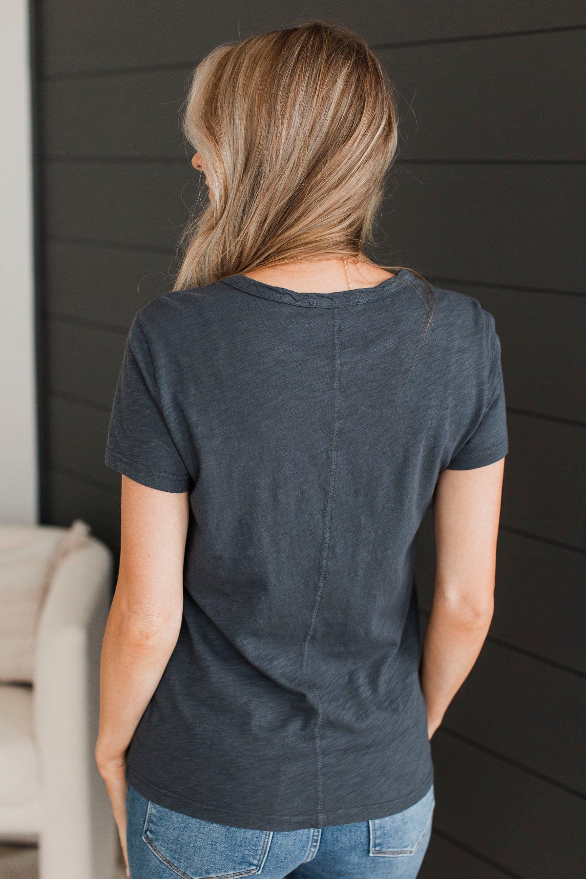 Here For Today Short Sleeve Top- Charcoal Blue - Image 6