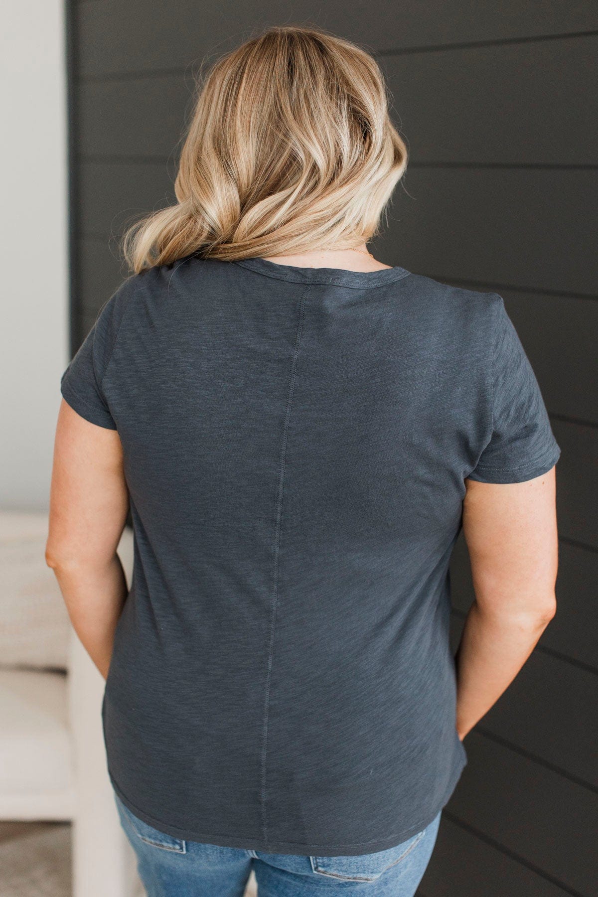 Here For Today Short Sleeve Top- Charcoal Blue - Image 7