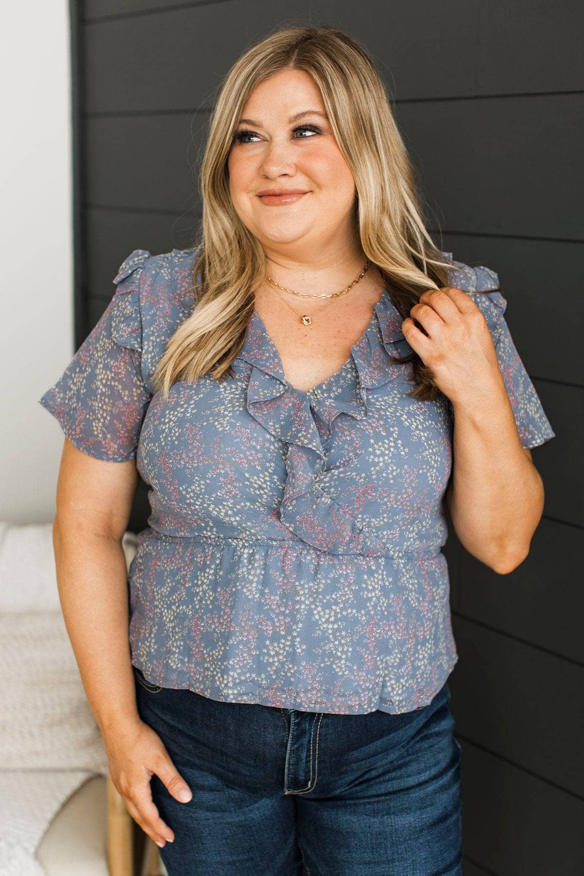 Here Forever Floral Peplum Blouse- Dark Dusty Blue