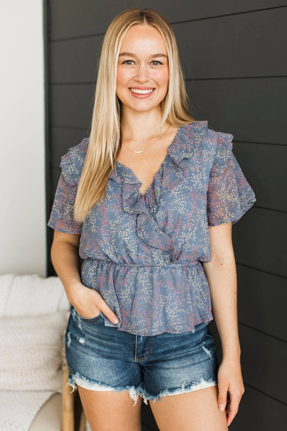 Here Forever Floral Peplum Blouse- Dark Dusty Blue - Image 2