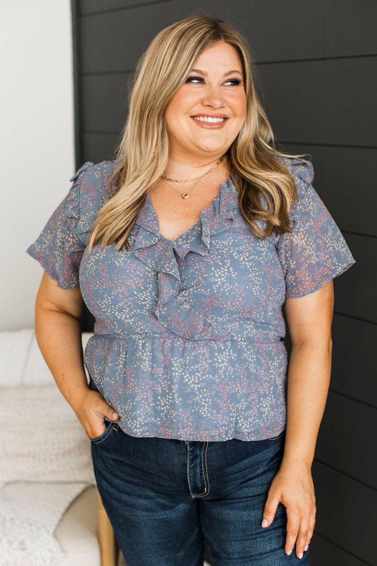 Here Forever Floral Peplum Blouse- Dark Dusty Blue - Image 3
