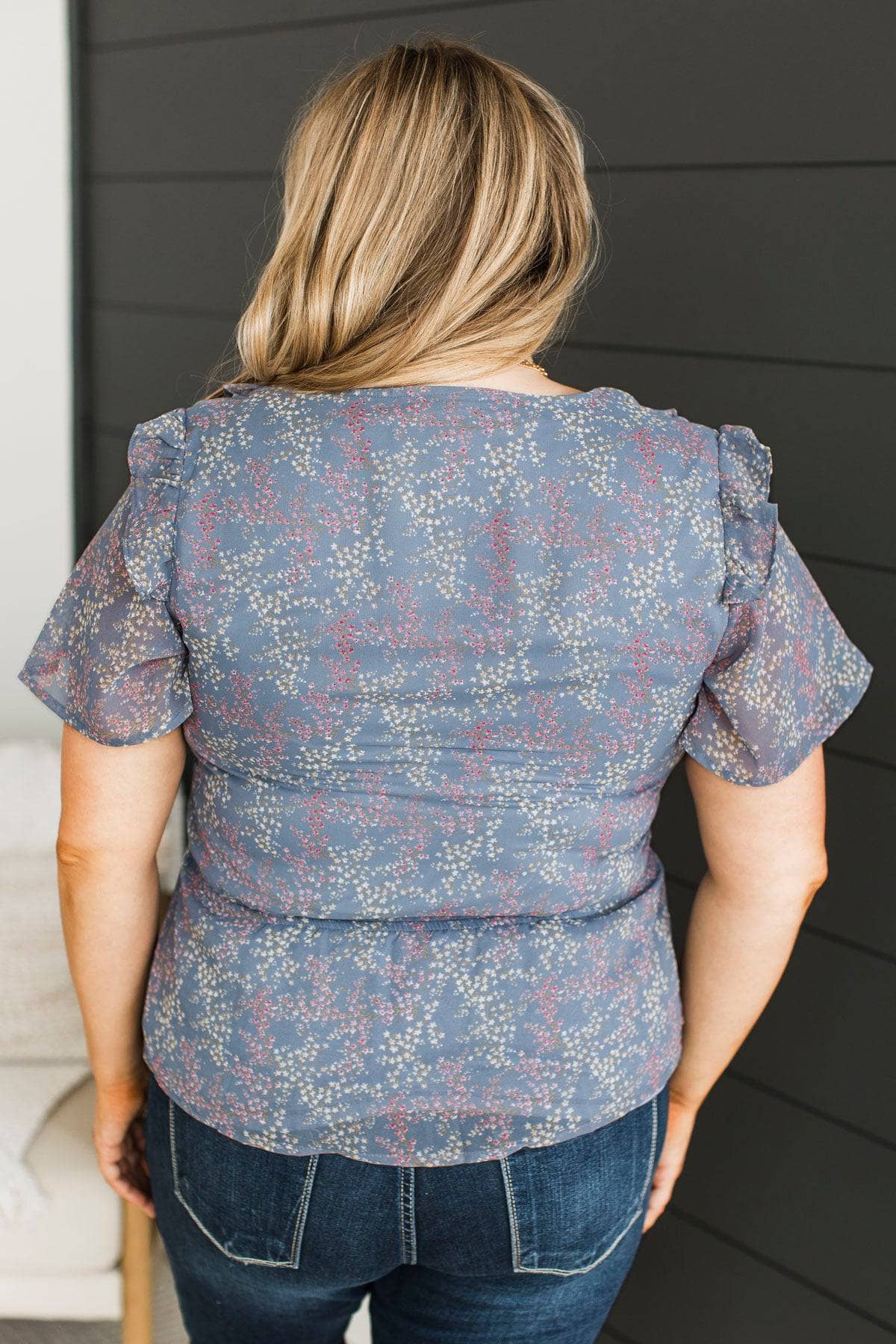 Here Forever Floral Peplum Blouse- Dark Dusty Blue - Image 7