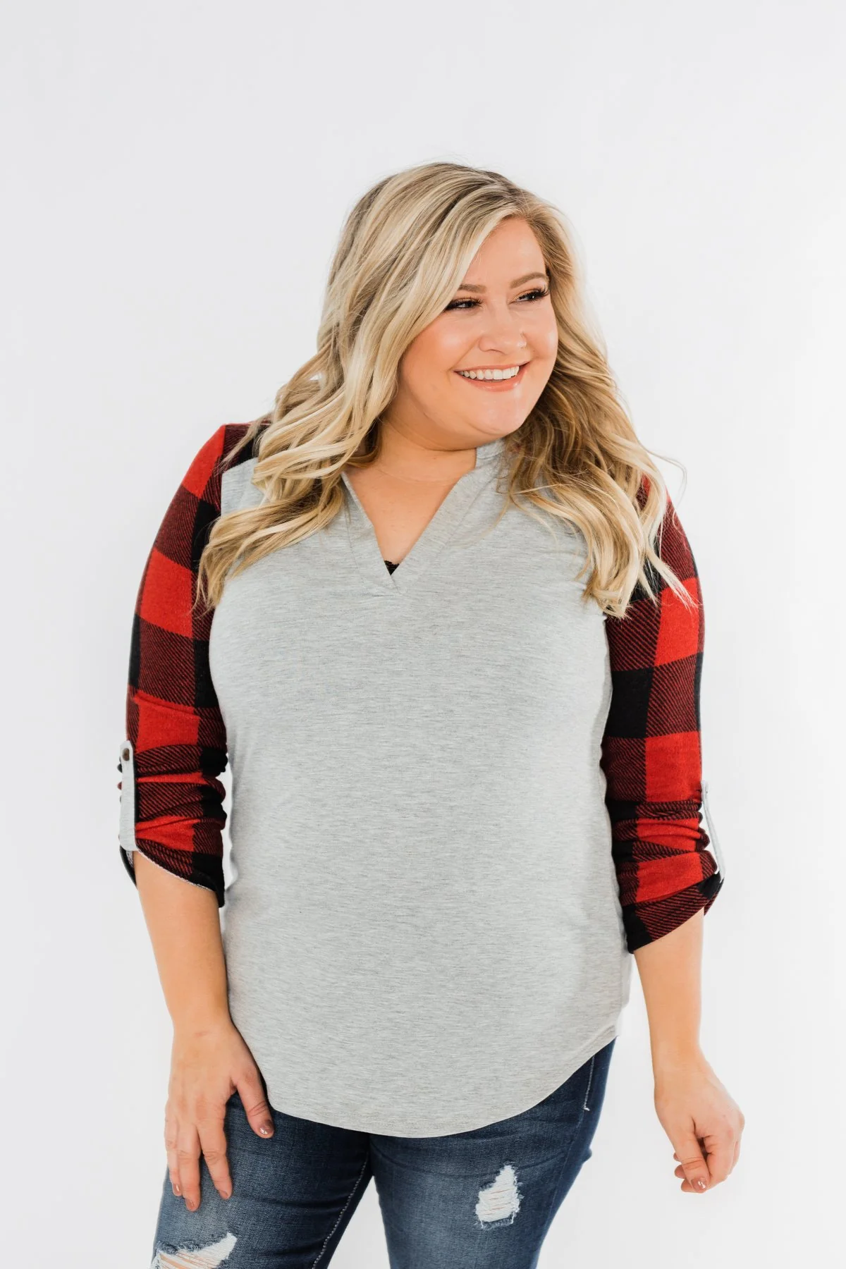 Here I Am V-Neck Top- Heather Grey & Buffalo Plaid - Image 2