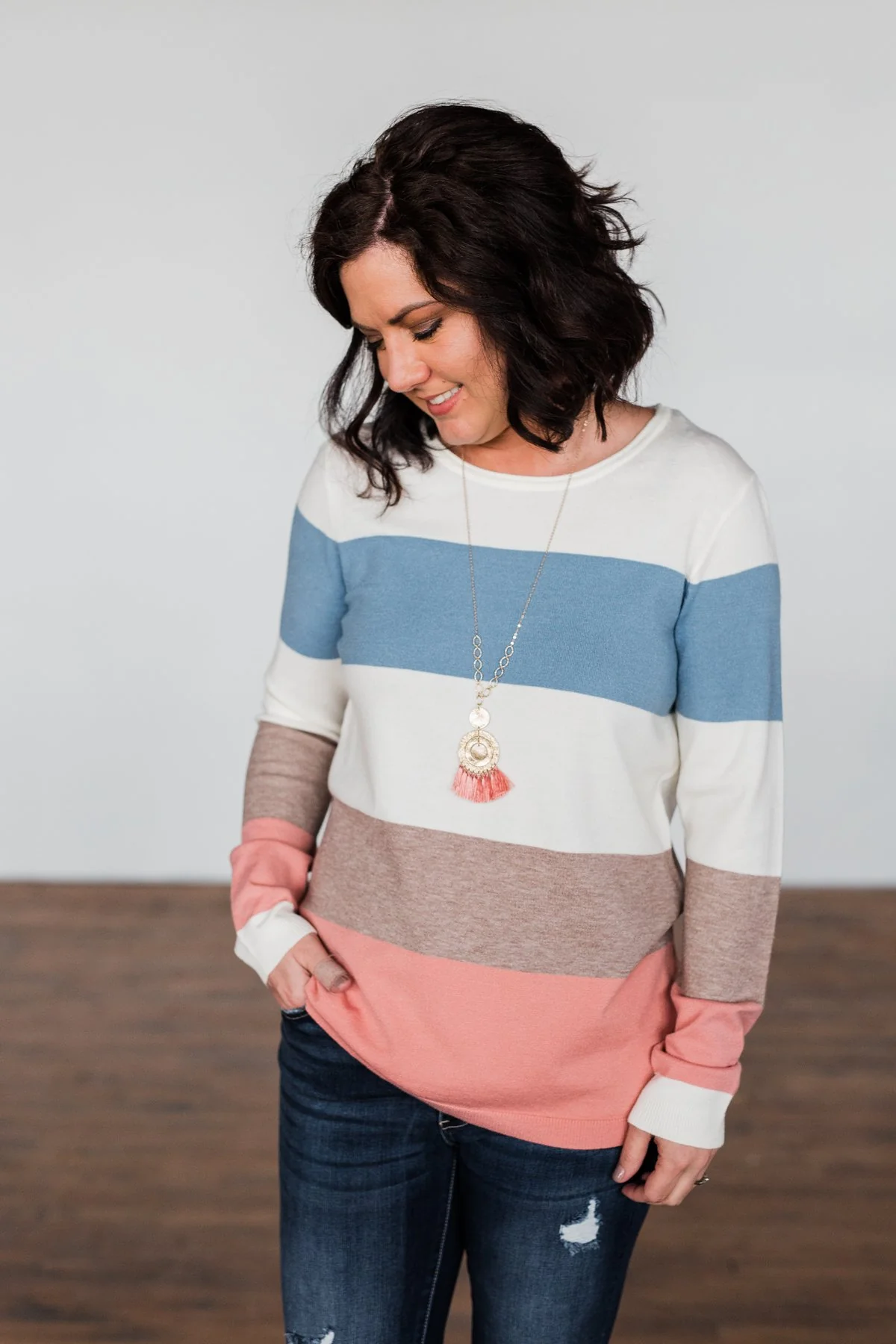 Here She Comes Sweater- Mauve, Mocha, & Denim Blue