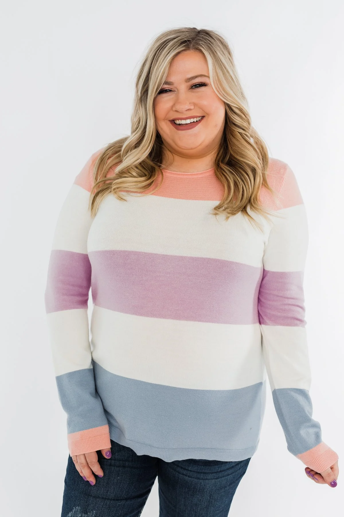 Here She Comes Sweater- Peach, Orchid & Steal Blue - Image 2