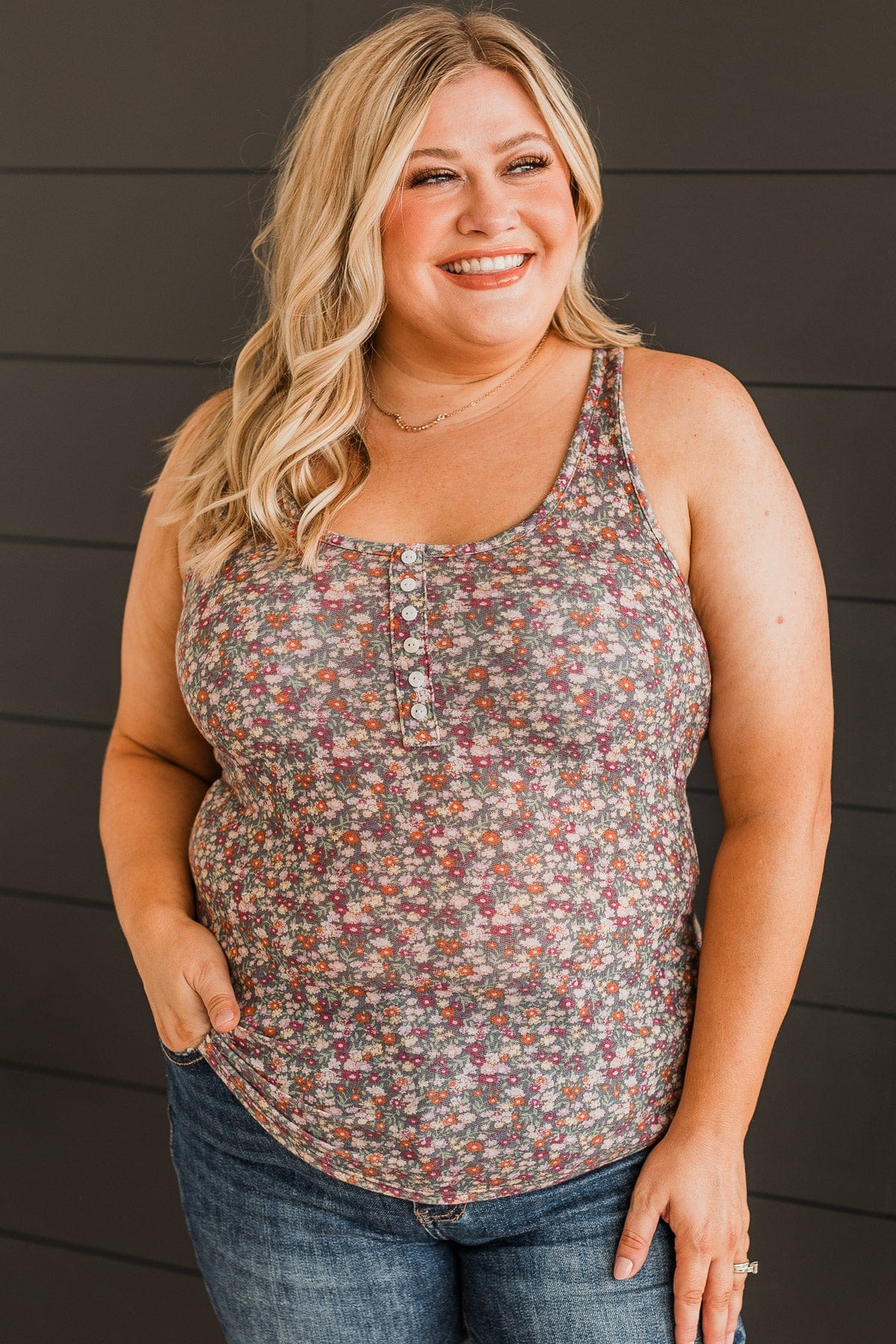 Here & There Floral Tank Top- Charcoal