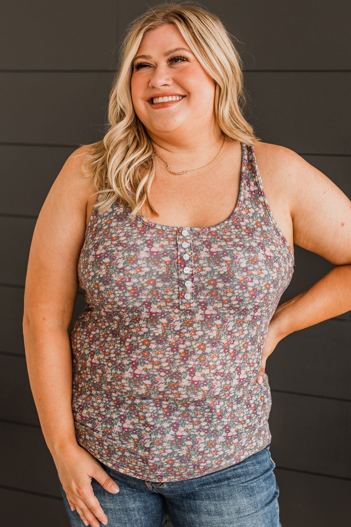 Here & There Floral Tank Top- Charcoal - Image 3