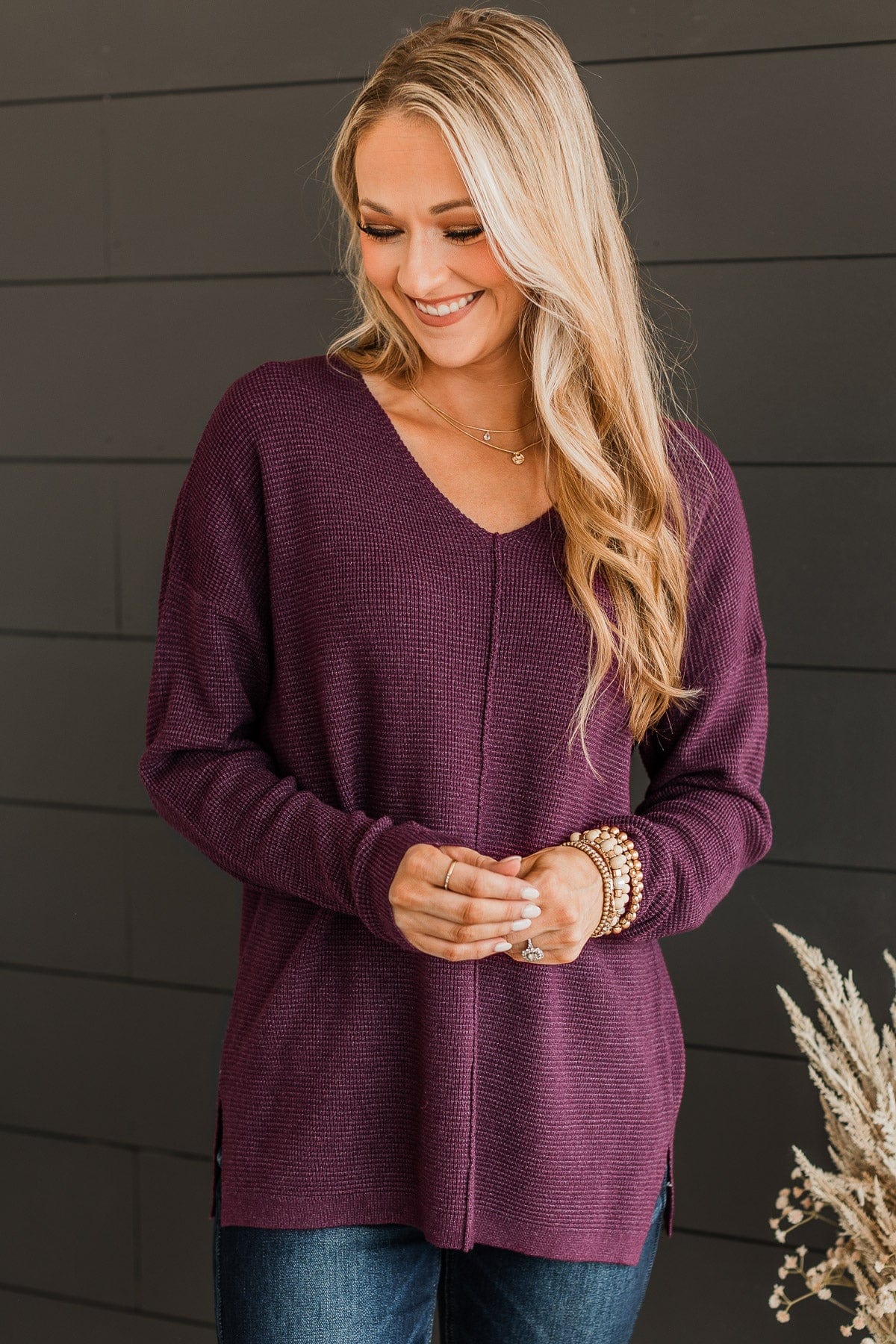Here Together V-Neck Sweater- Dark Plum - Image 7