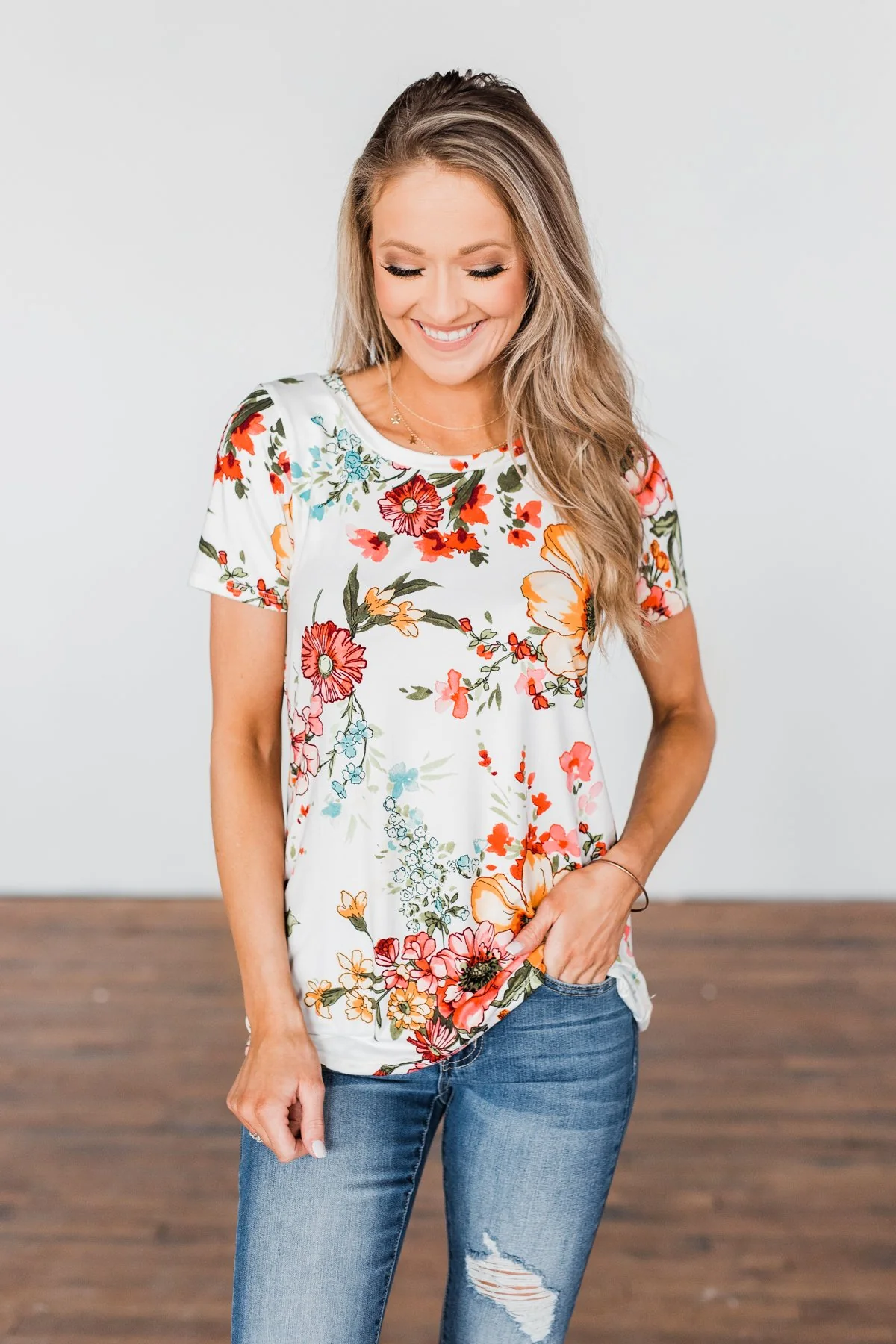 Here With Me Floral Short Sleeve Top- Ivory - Image 4