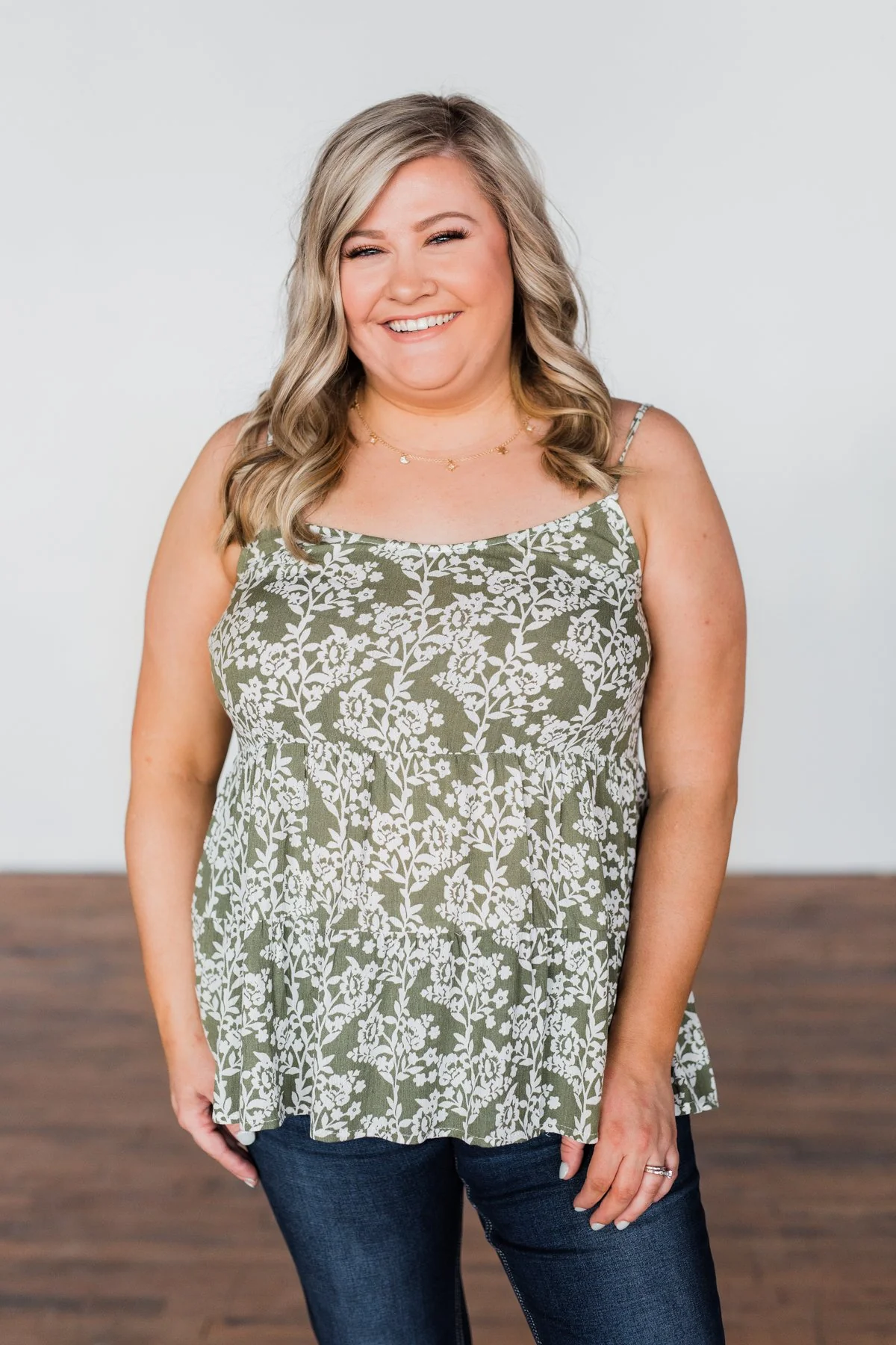 Here With You Floral Babydoll Tank Top- Olive - Image 2