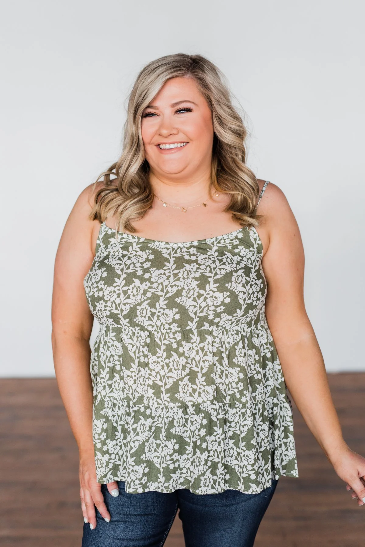 Here With You Floral Babydoll Tank Top- Olive - Image 6