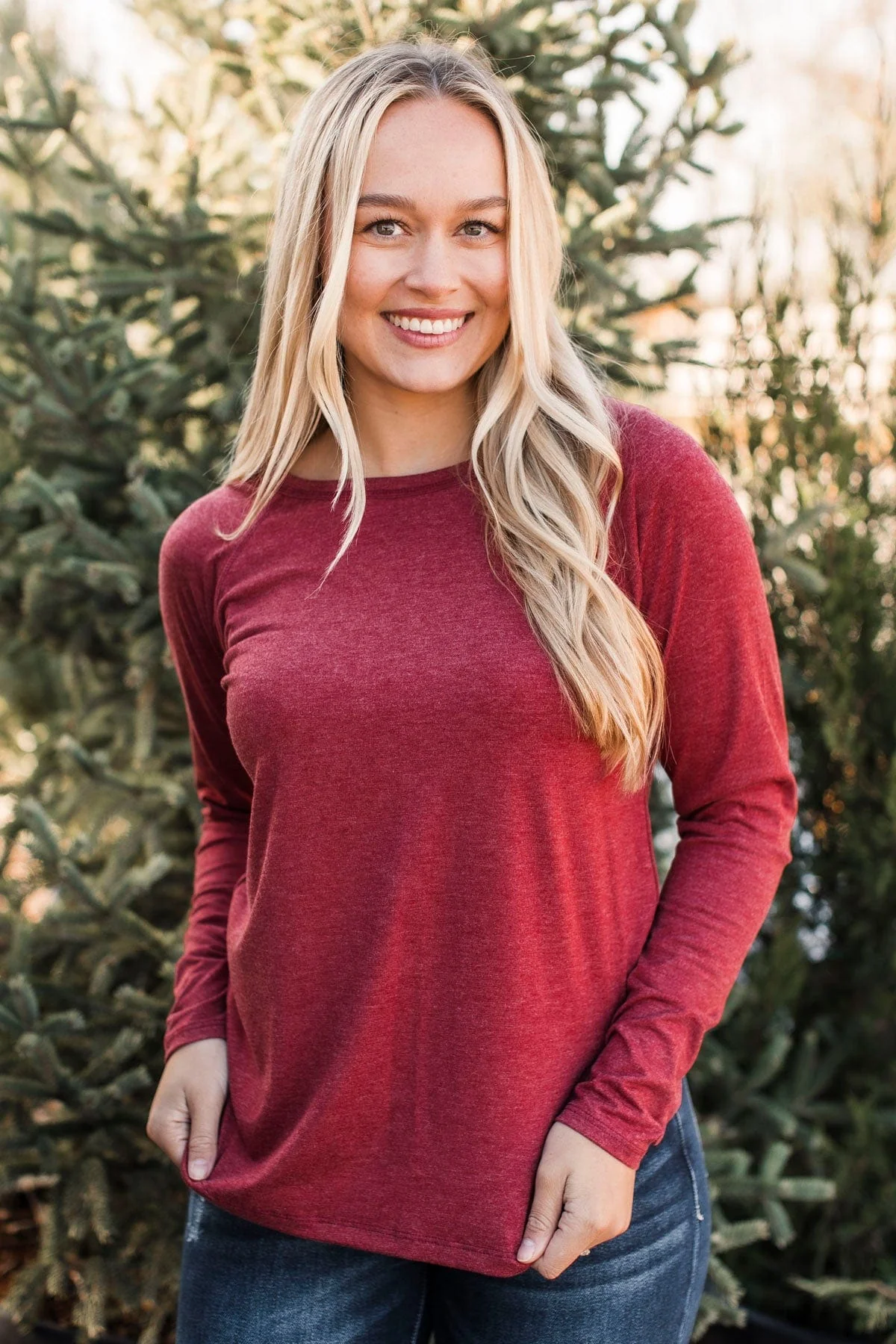Here's The Plan Long Sleeve Top- Dark Red