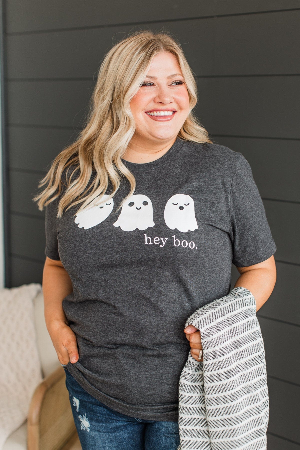 "Hey Boo" Graphic Tee- Charcoal - Image 3