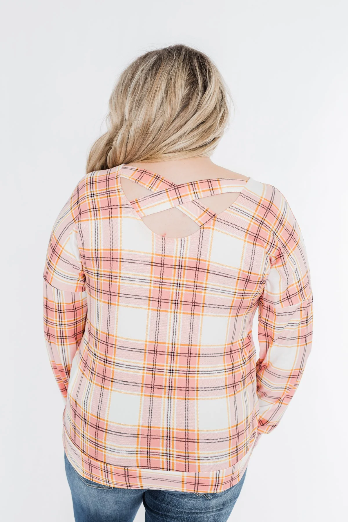 Hey Girl Plaid Criss Cross Top- Pink, Orange, & Ivory - Image 10