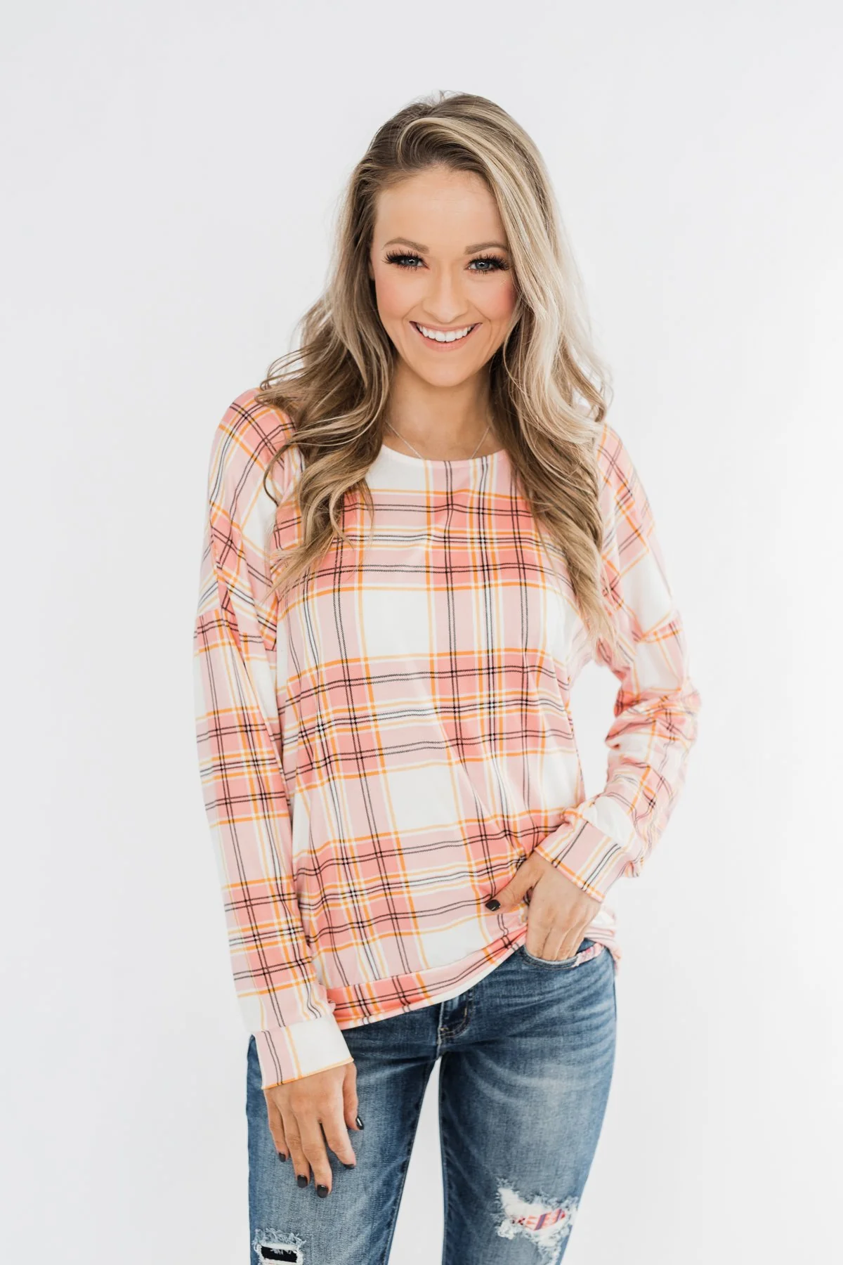 Hey Girl Plaid Criss Cross Top- Pink, Orange, & Ivory - Image 3