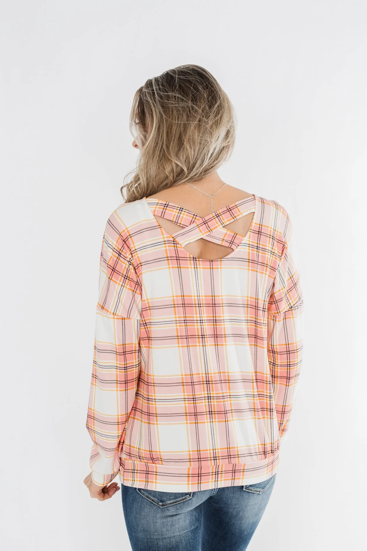 Hey Girl Plaid Criss Cross Top- Pink, Orange, & Ivory - Image 9