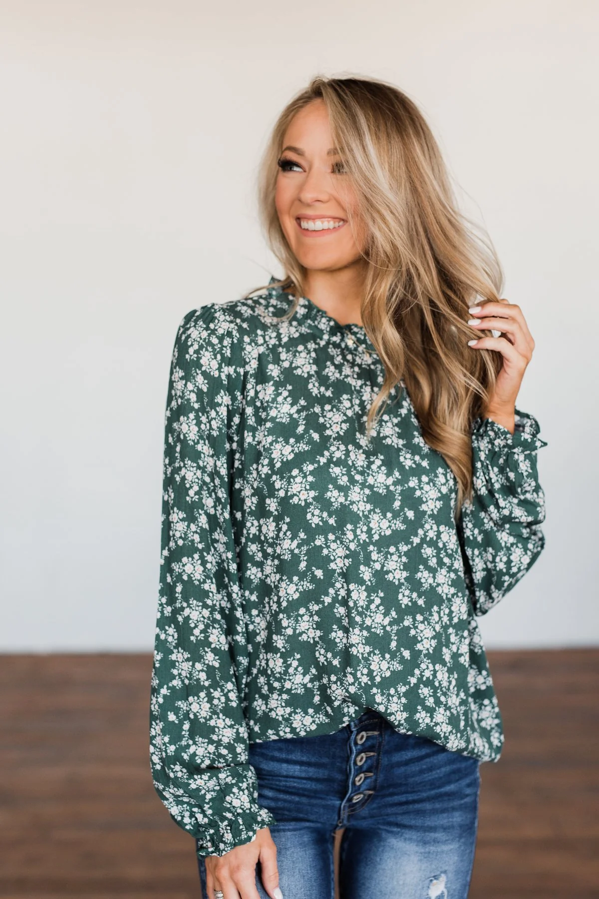 High Standards Floral Ruffle Blouse- Forest Green - Image 4