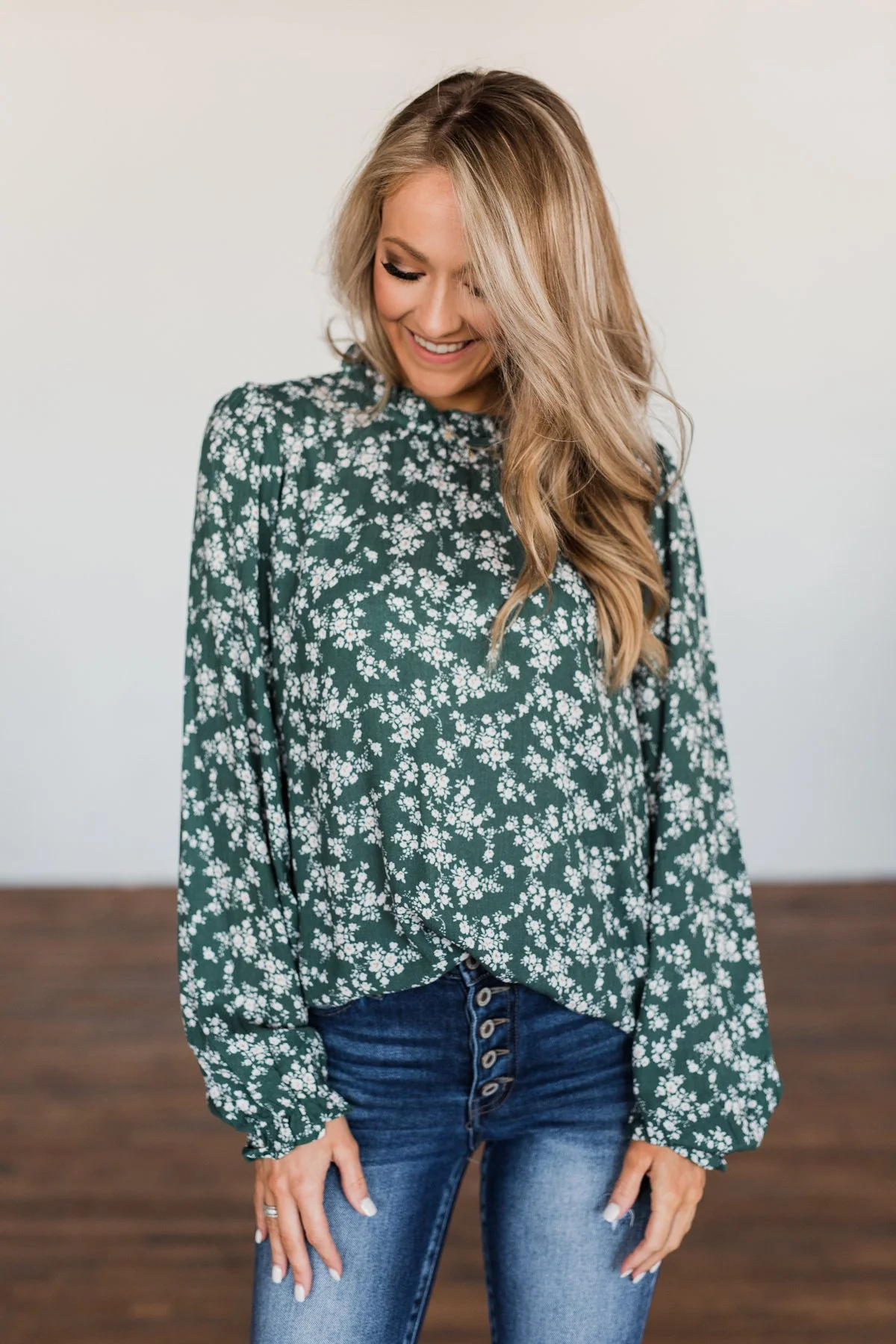 High Standards Floral Ruffle Blouse- Forest Green - Image 9
