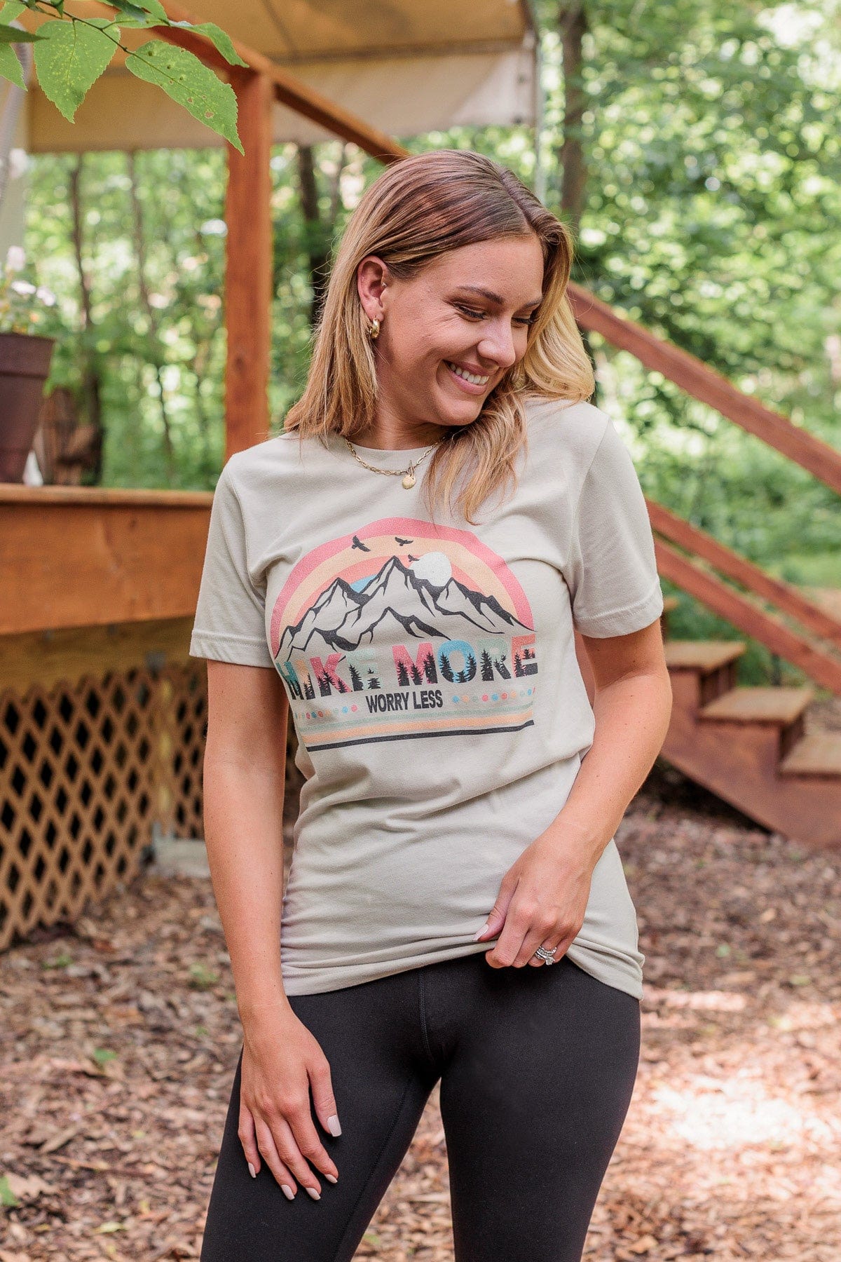 "Hike More, Worry Less" Graphic Tee- Beige - Image 4