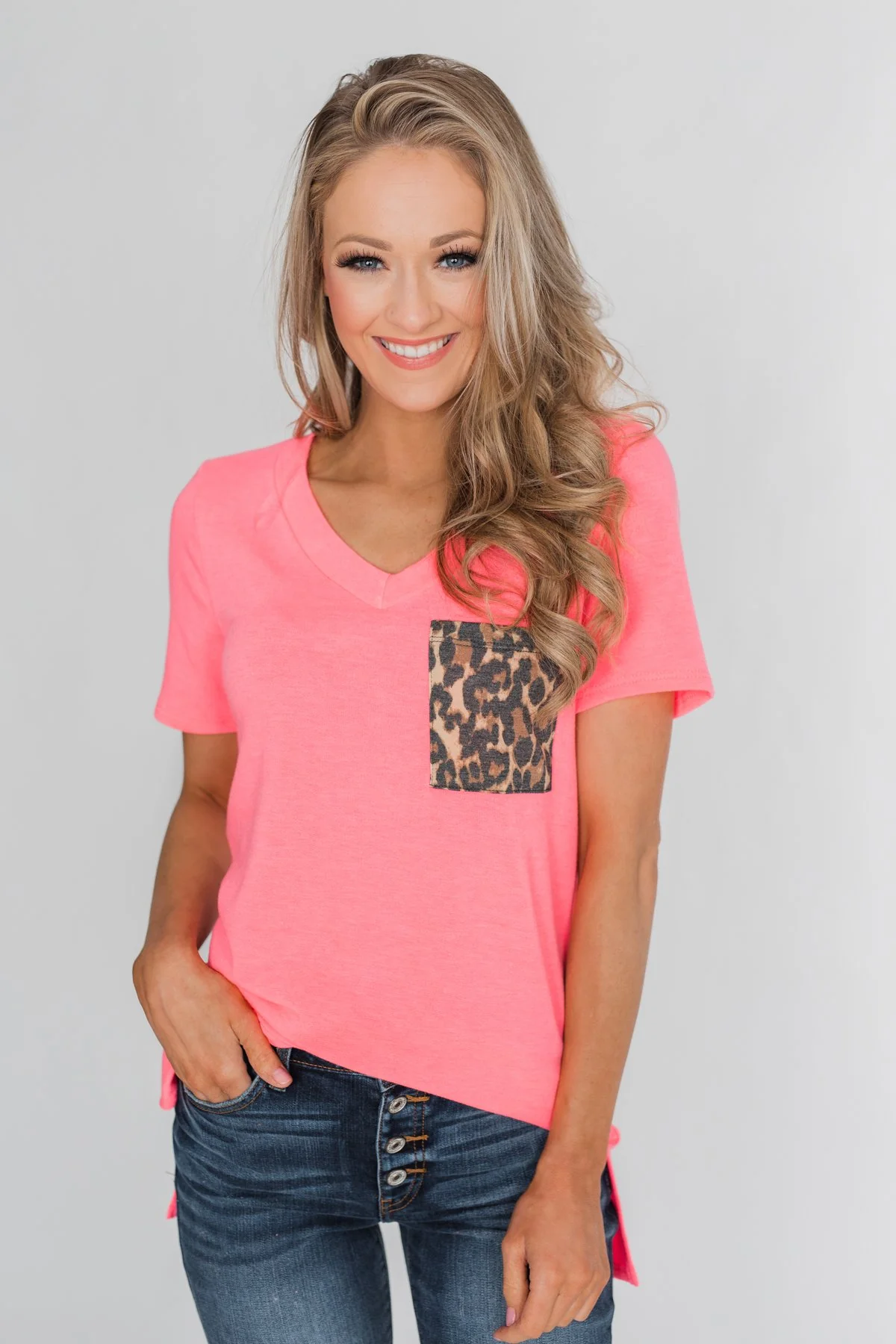 Hint of Leopard Short Sleeve Top - Bright Pink - Image 2