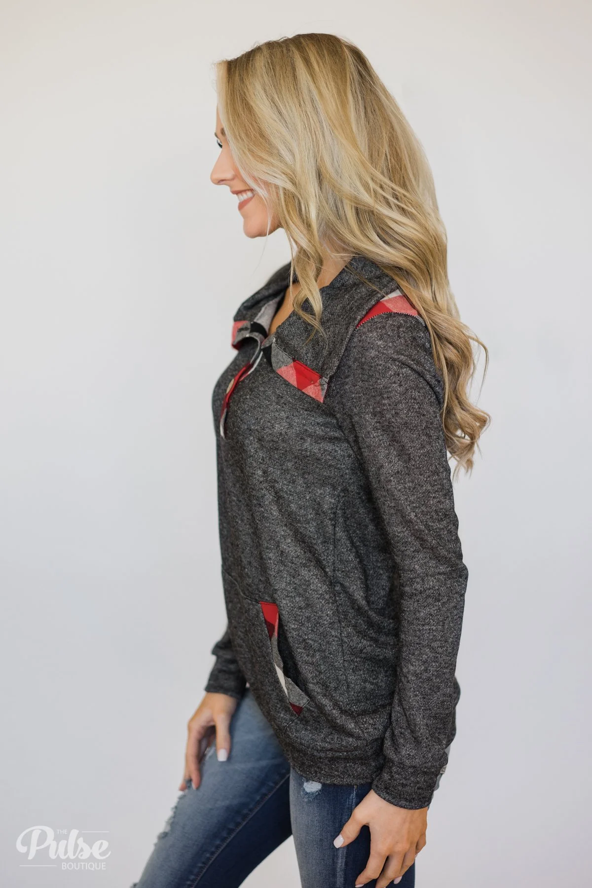 Hint of Plaid Pullover & Button Top- Charcoal - Image 6
