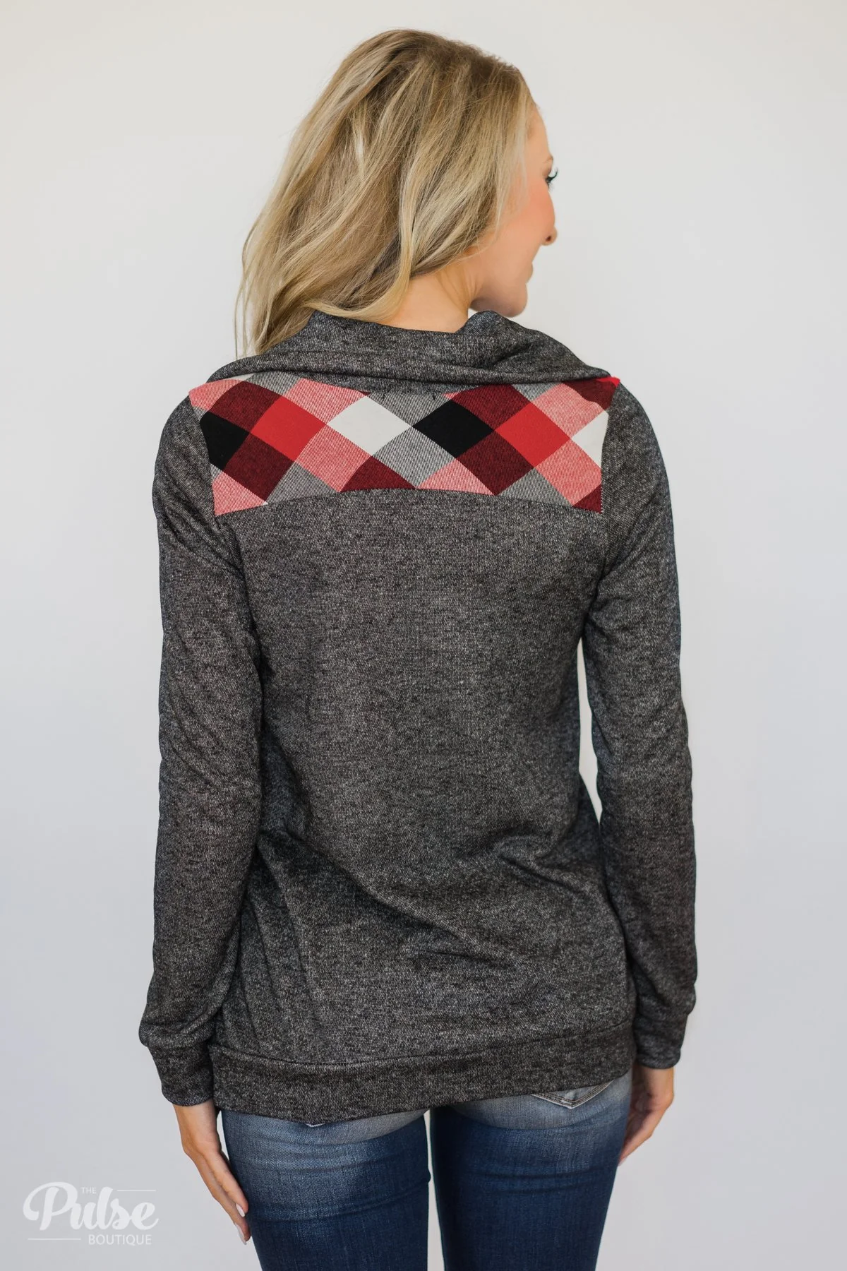 Hint of Plaid Pullover & Button Top- Charcoal - Image 7