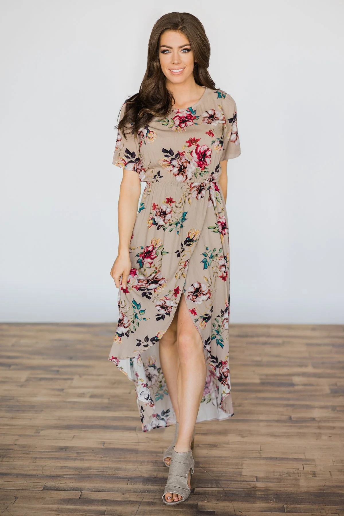 Hint of Spring Taupe Floral Maxi Dress