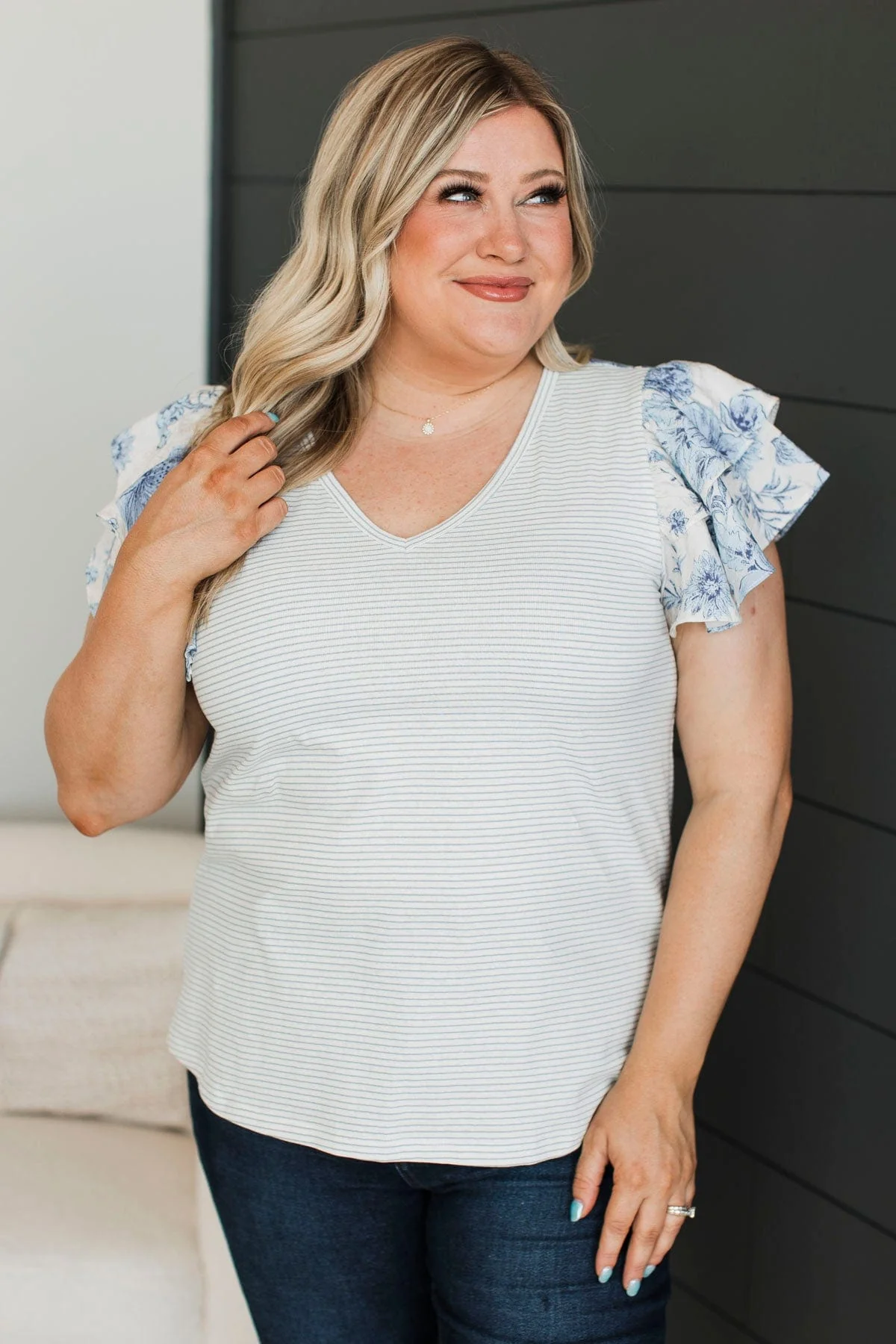 Hitting Milestones Ruffle Sleeve Top- Ivory & Blue - Image 3