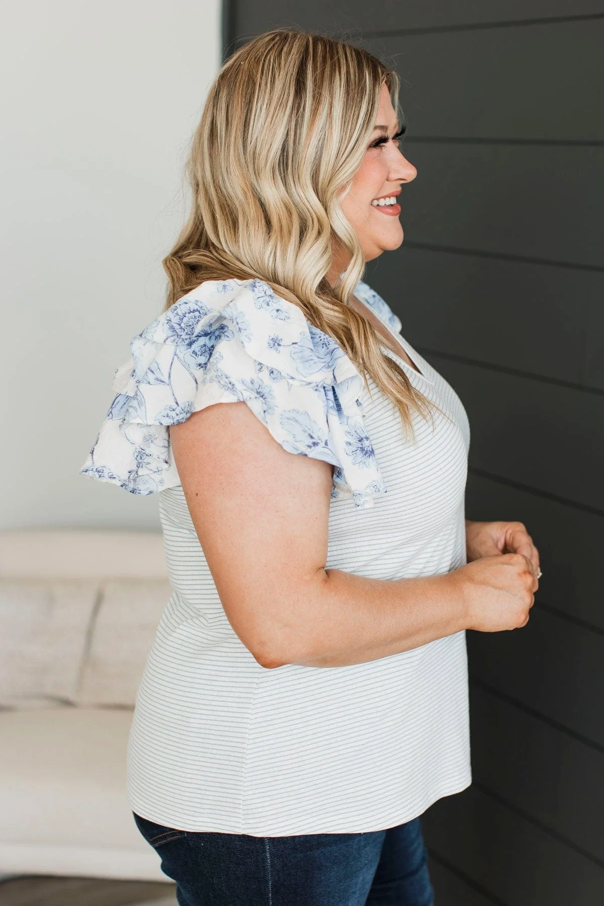 Hitting Milestones Ruffle Sleeve Top- Ivory & Blue - Image 4