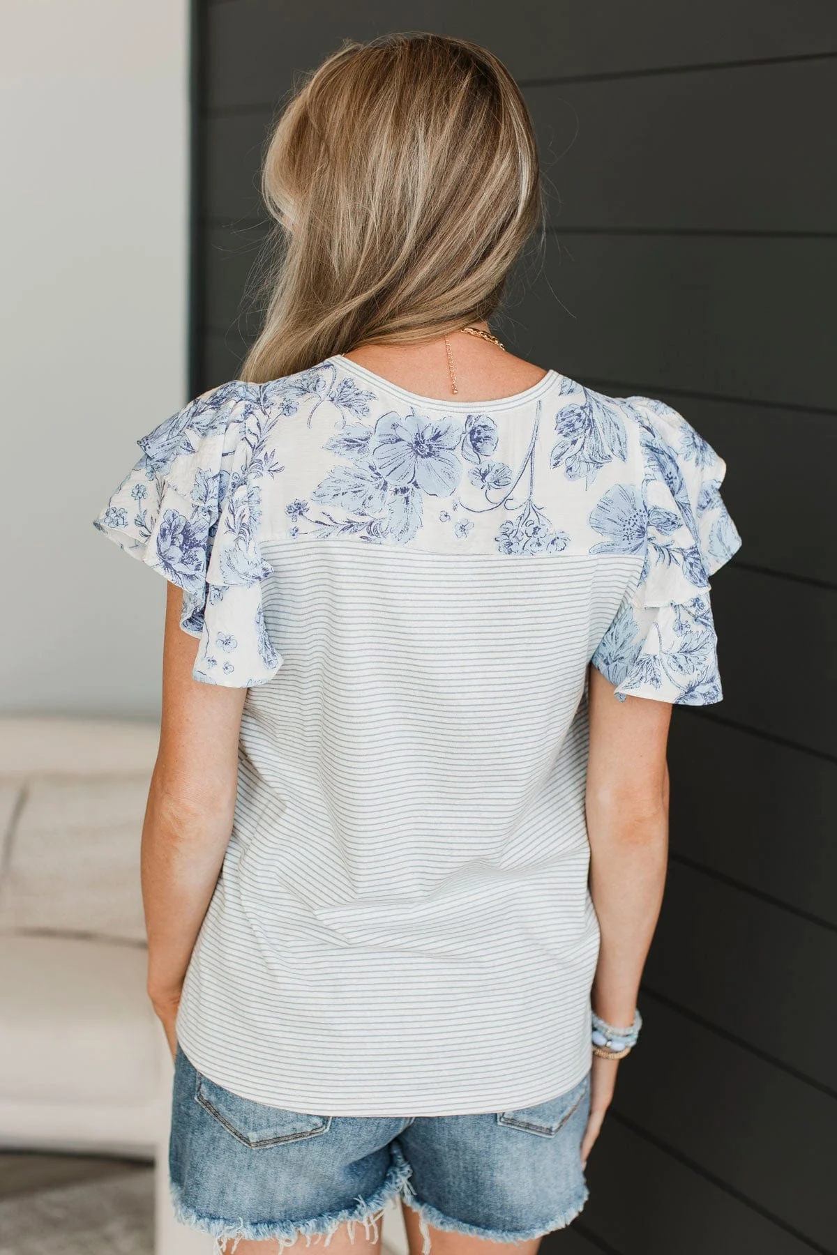 Hitting Milestones Ruffle Sleeve Top- Ivory & Blue - Image 5