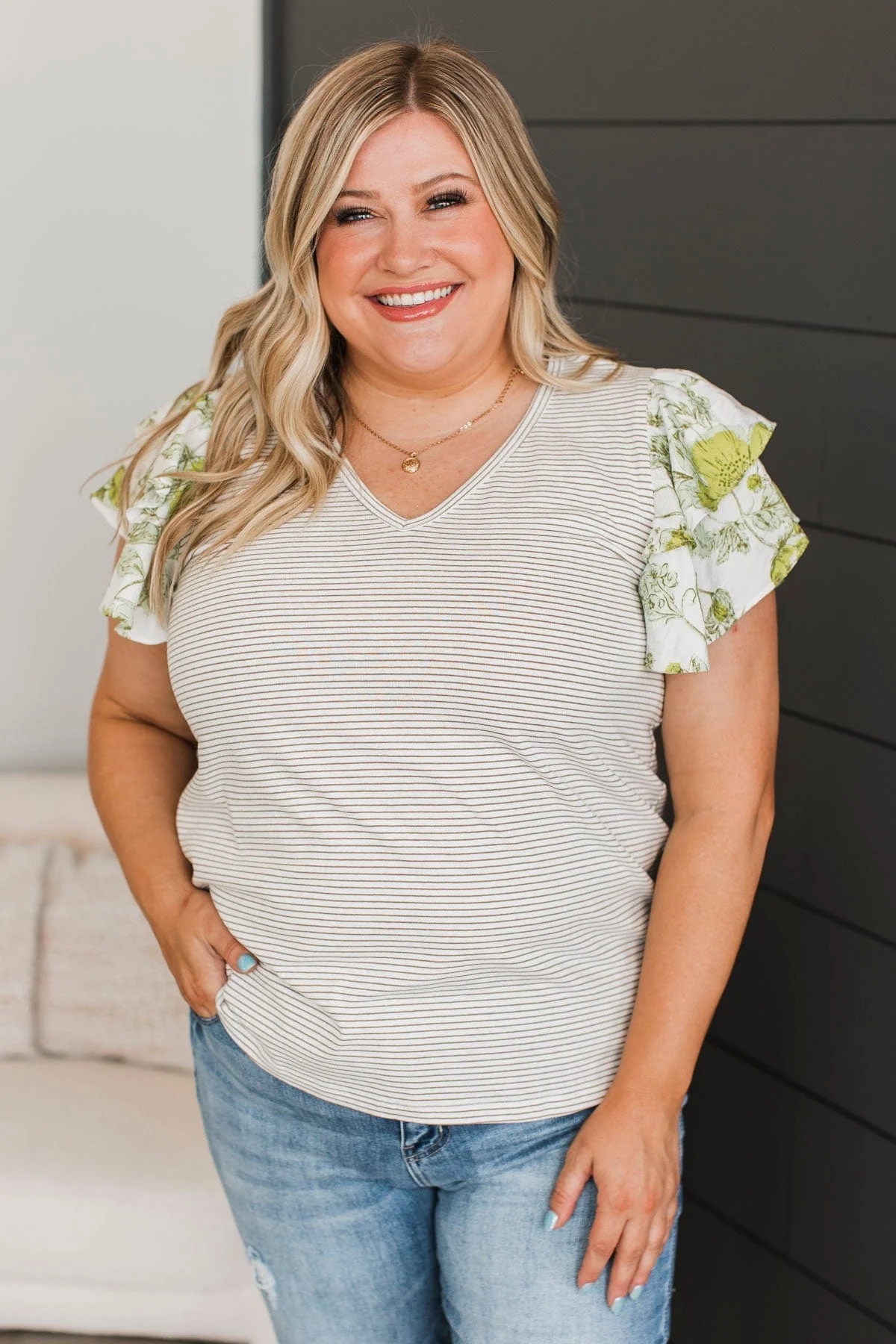 Hitting Milestones Ruffle Sleeve Top- Ivory & Green - Image 2