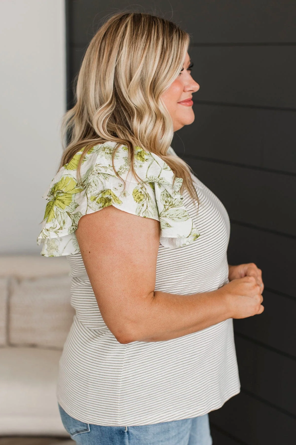 Hitting Milestones Ruffle Sleeve Top- Ivory & Green - Image 6