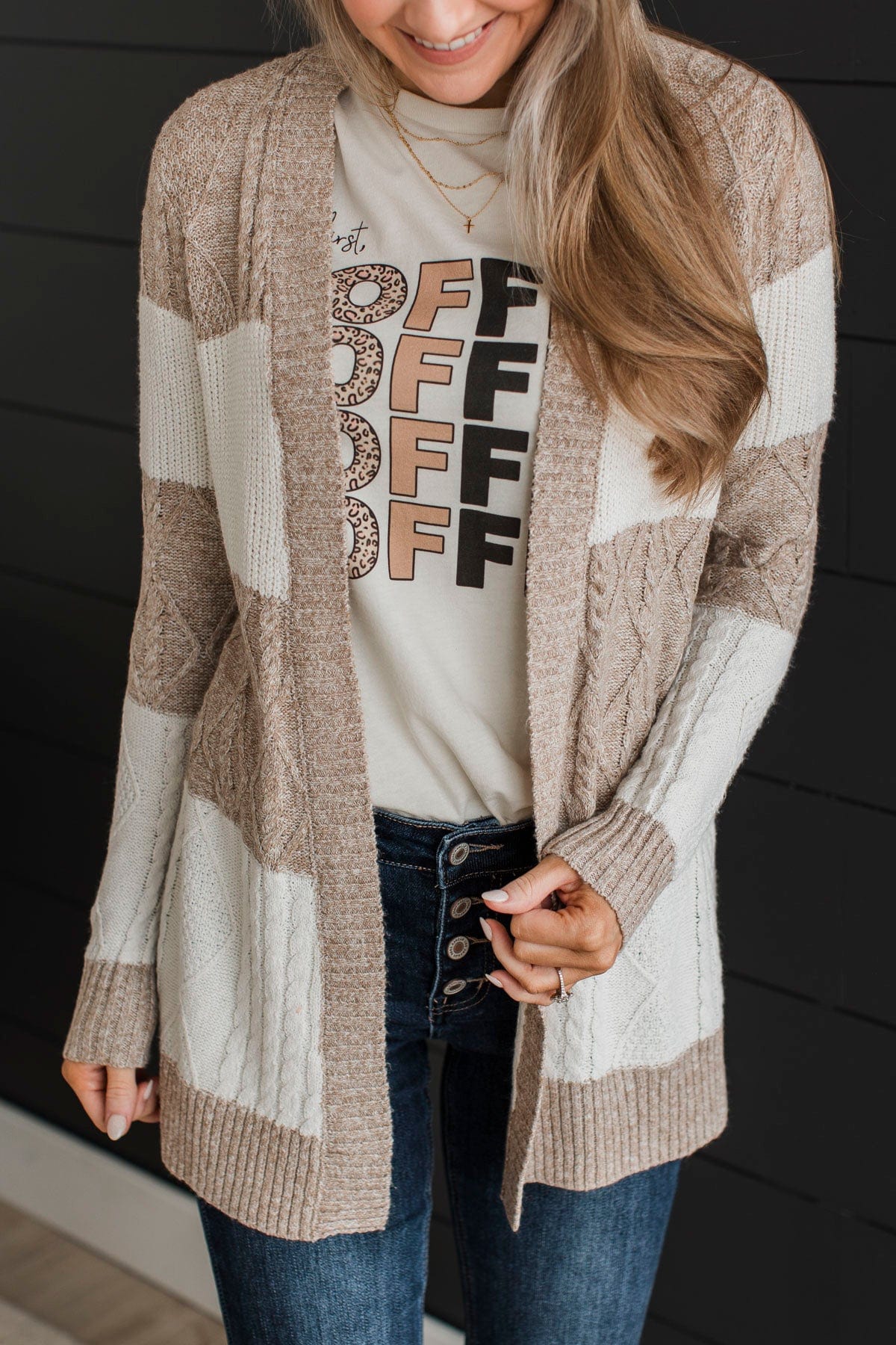Hold Me Close Knit Cardigan- Light Taupe & Ivory - Image 3