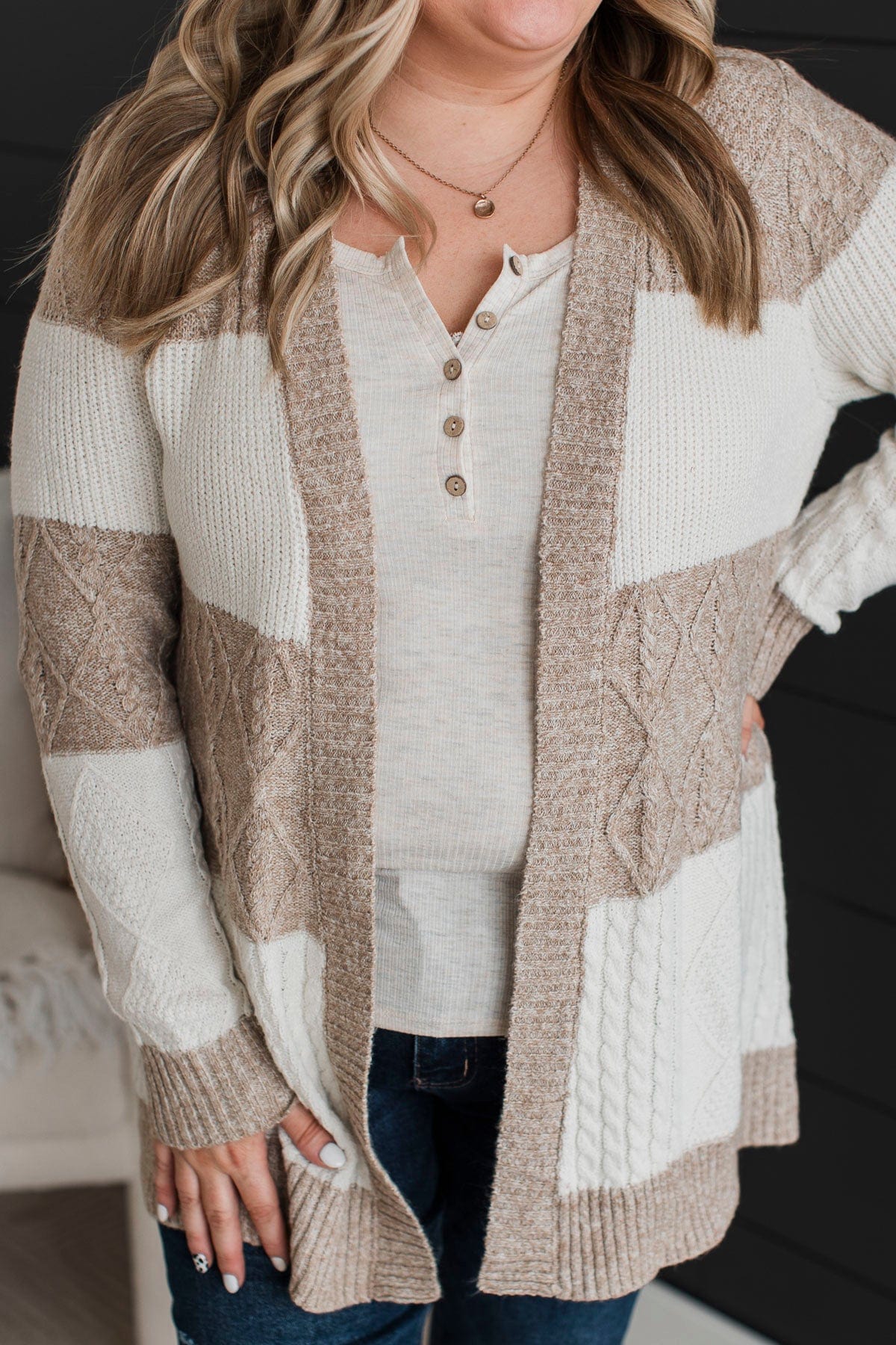Hold Me Close Knit Cardigan- Light Taupe & Ivory - Image 4