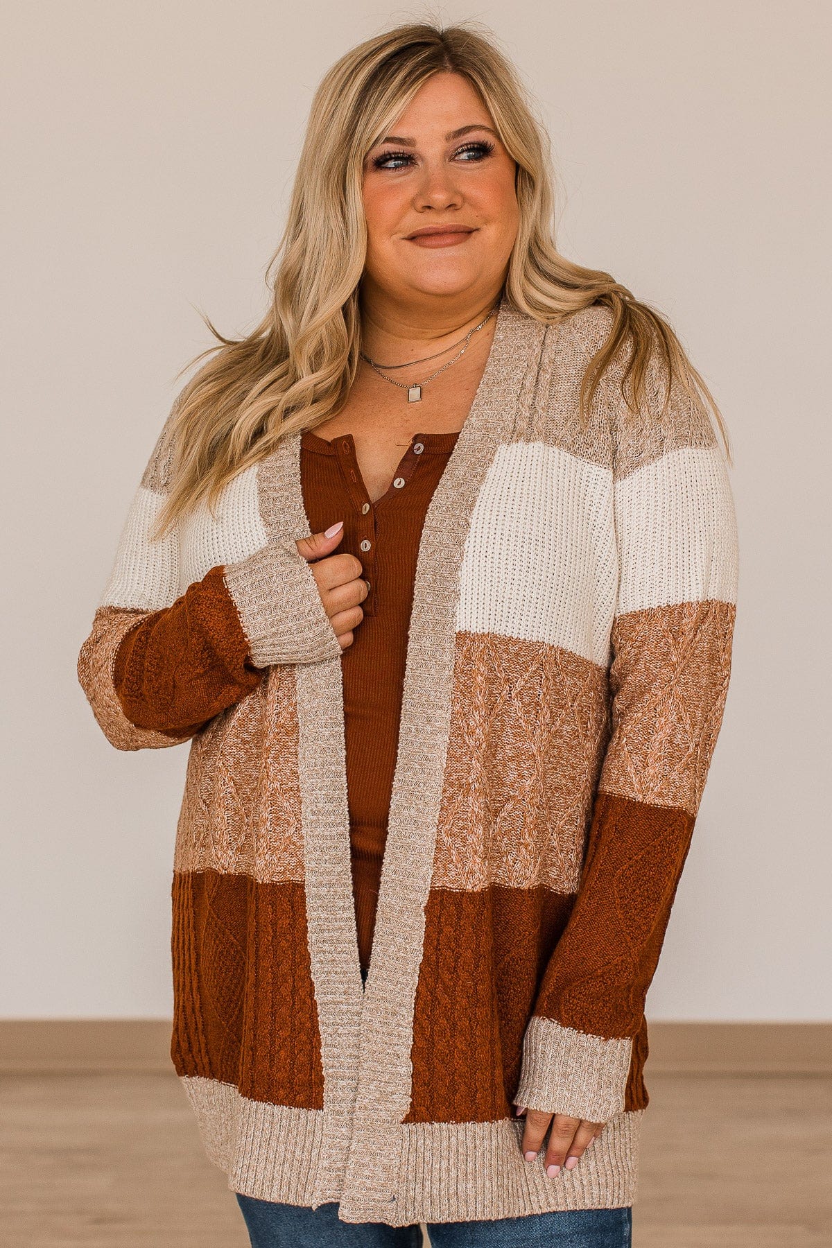 Hold Me Close Knit Cardigan- Light Taupe & Rust - Image 2