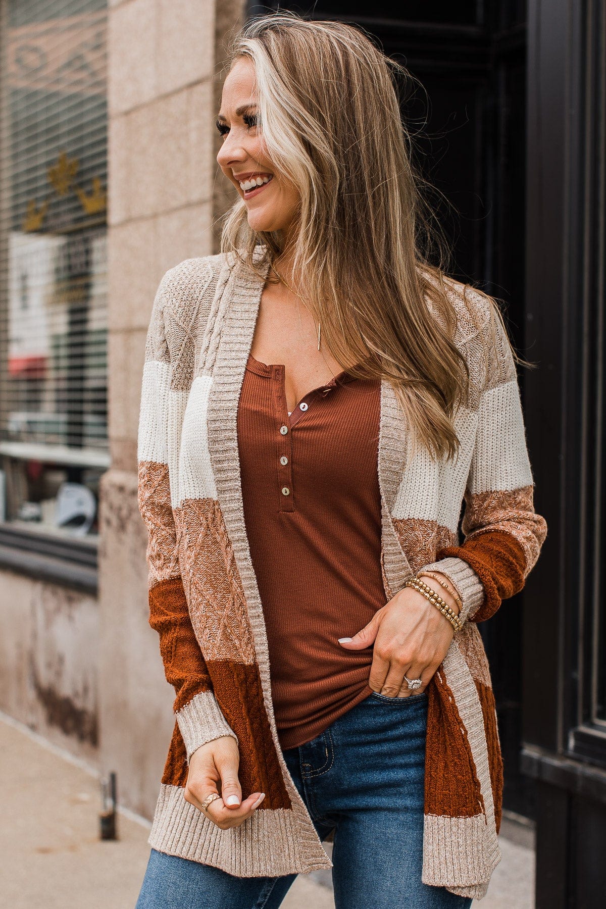 Hold Me Close Knit Cardigan- Light Taupe & Rust - Image 3