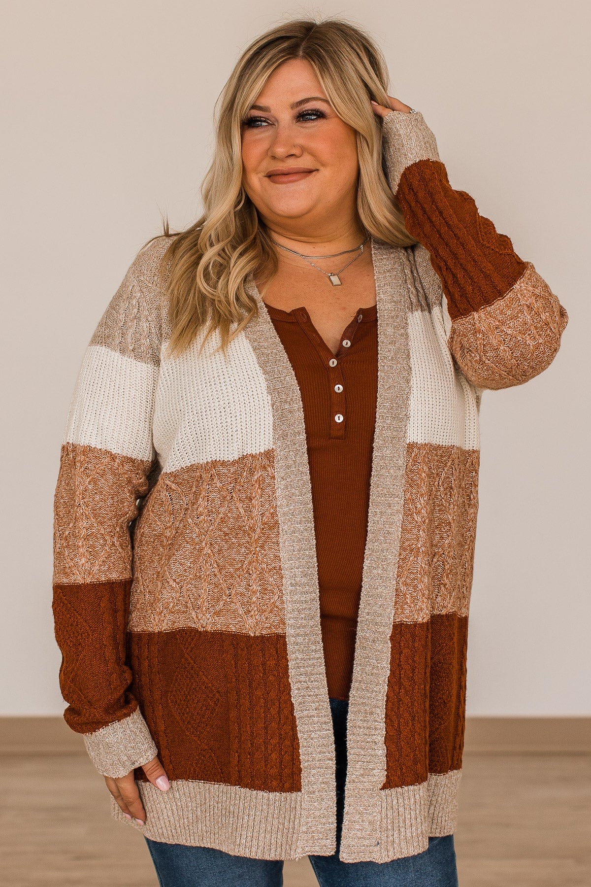 Hold Me Close Knit Cardigan- Light Taupe & Rust - Image 4
