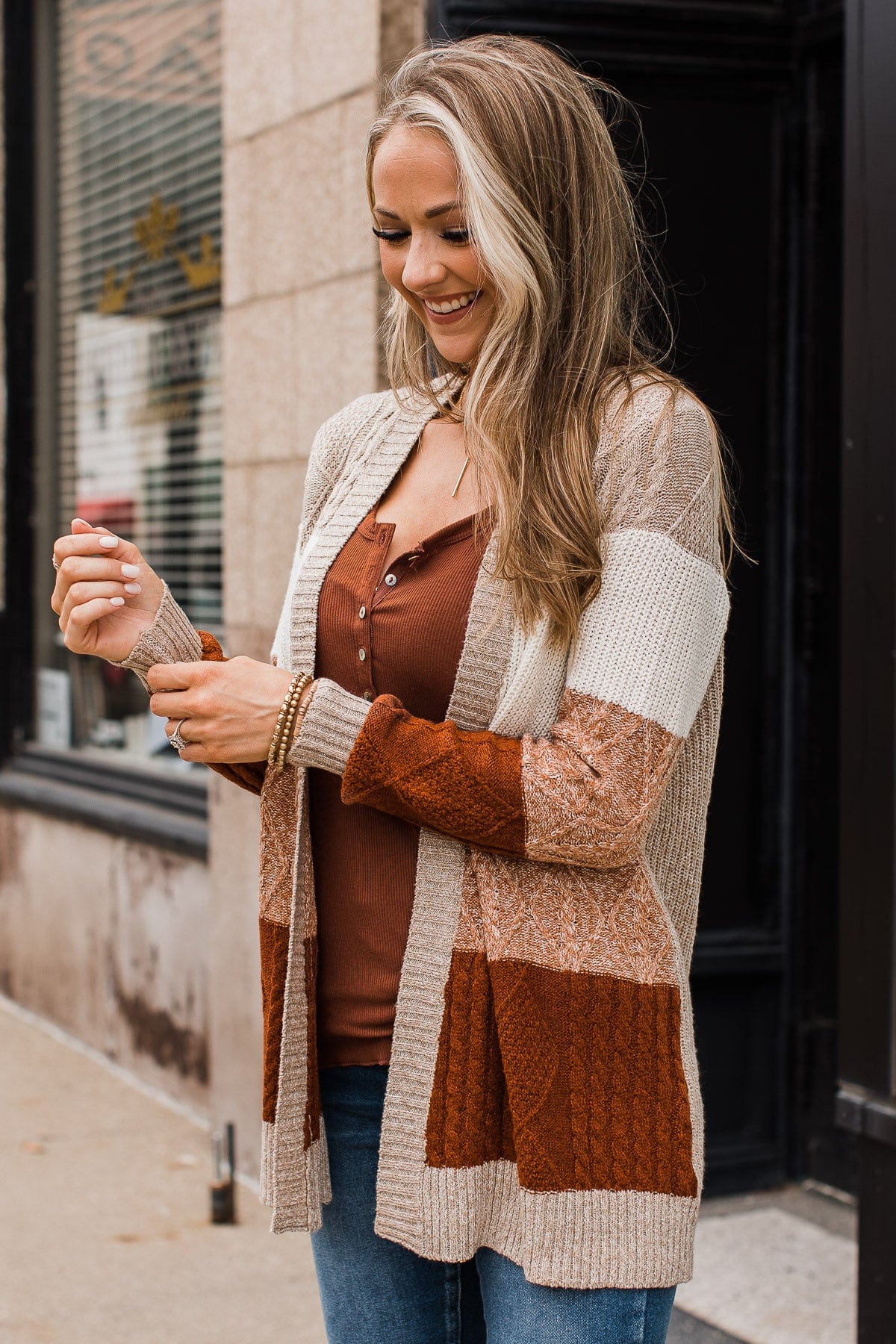 Hold Me Close Knit Cardigan- Light Taupe & Rust - Image 5