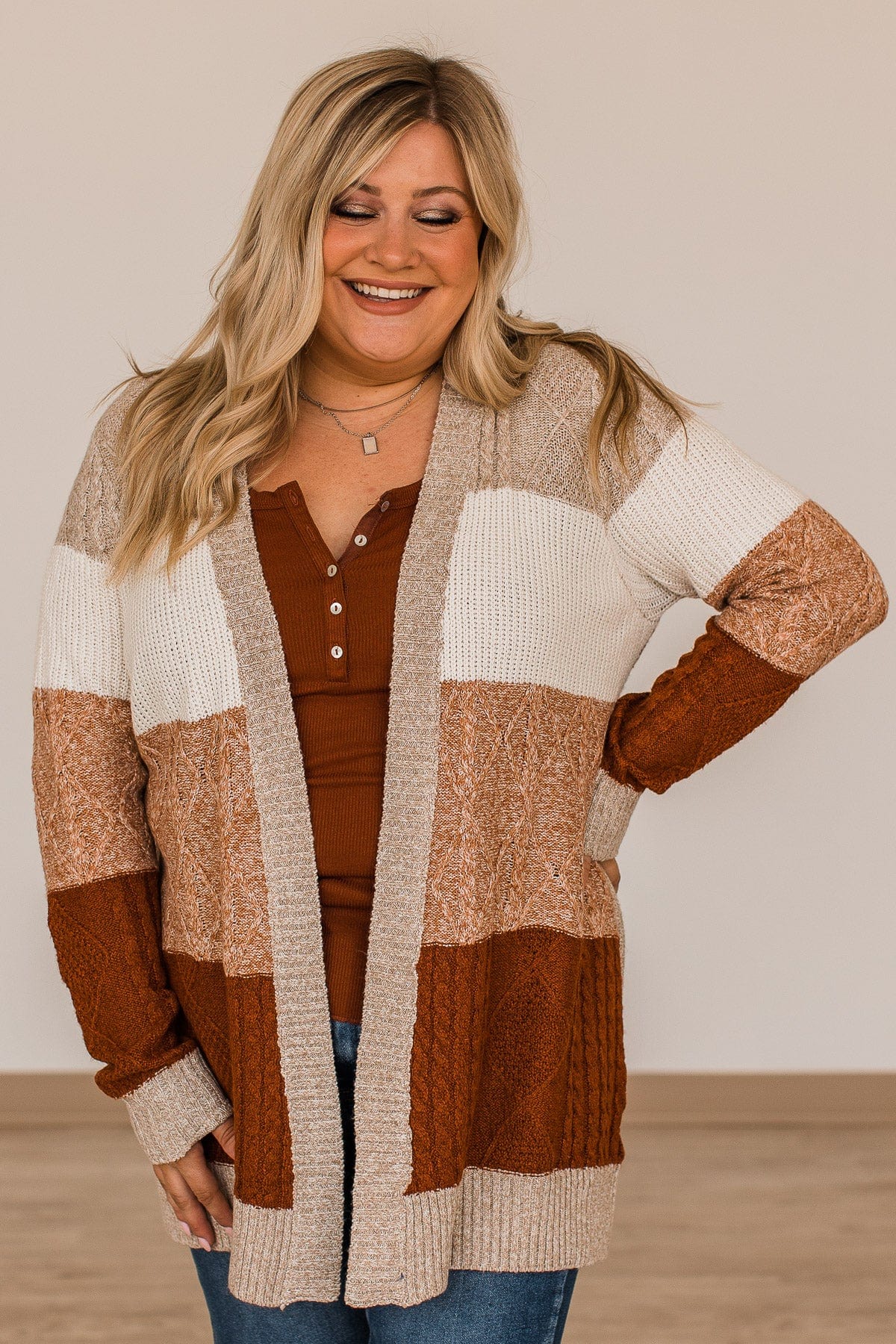 Hold Me Close Knit Cardigan- Light Taupe & Rust - Image 6