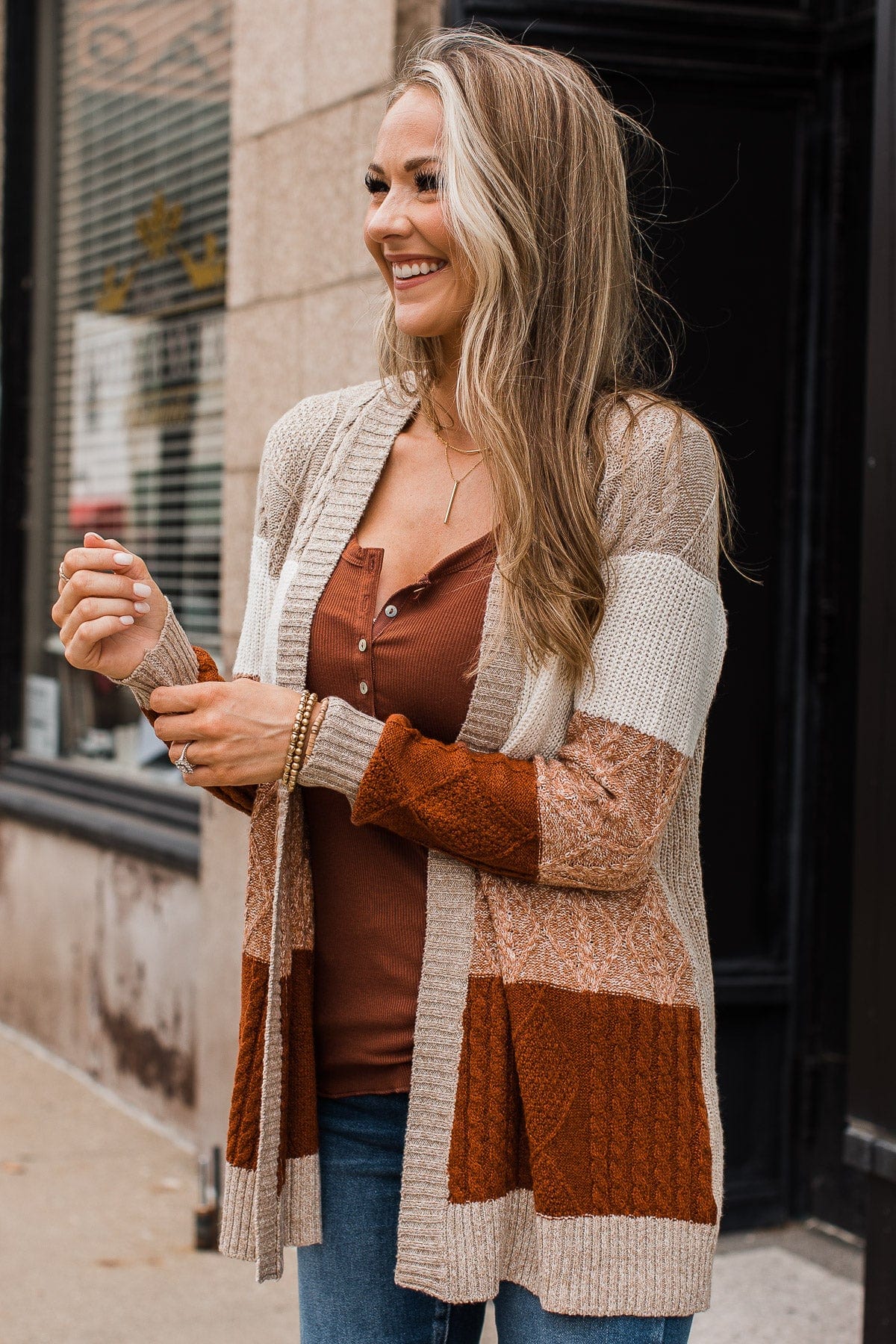 Hold Me Close Knit Cardigan- Light Taupe & Rust - Image 7