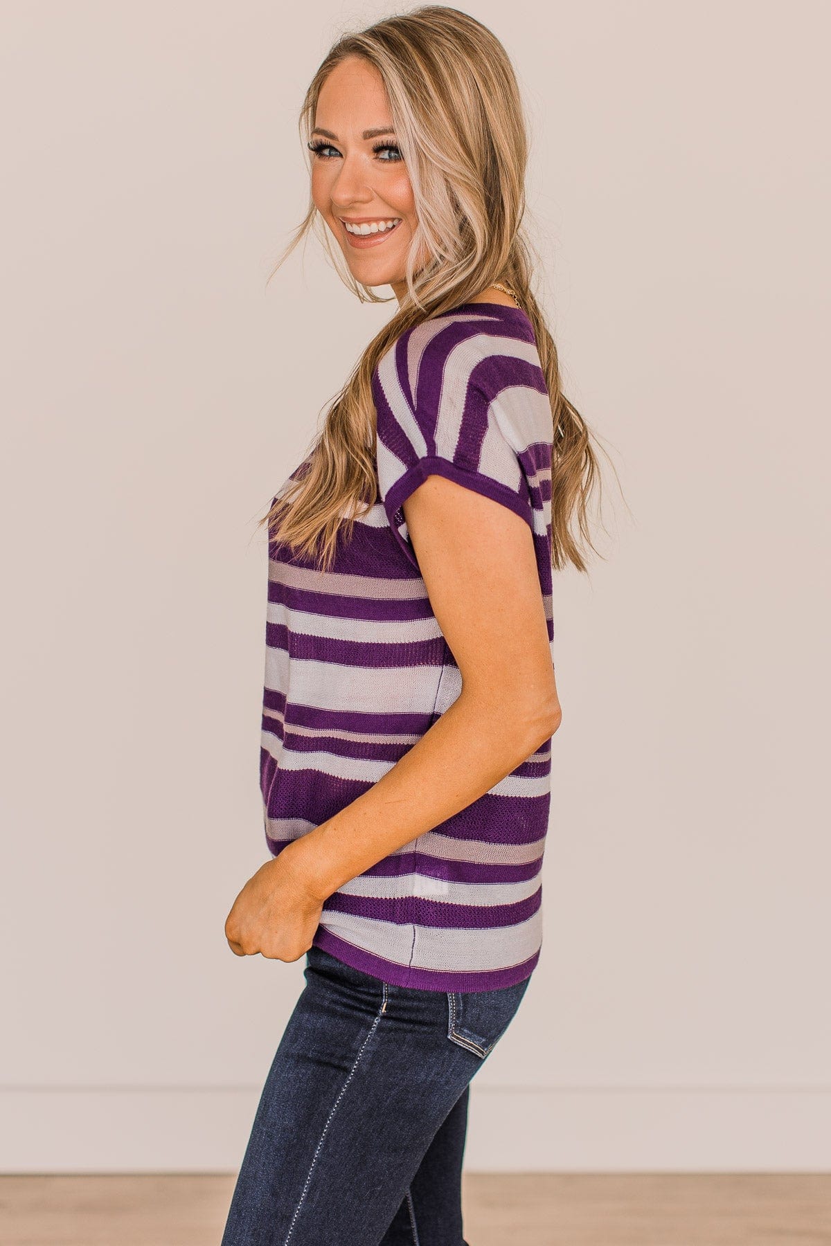 Hold Tight Striped Knit Top- Ivory & Purple - Image 6