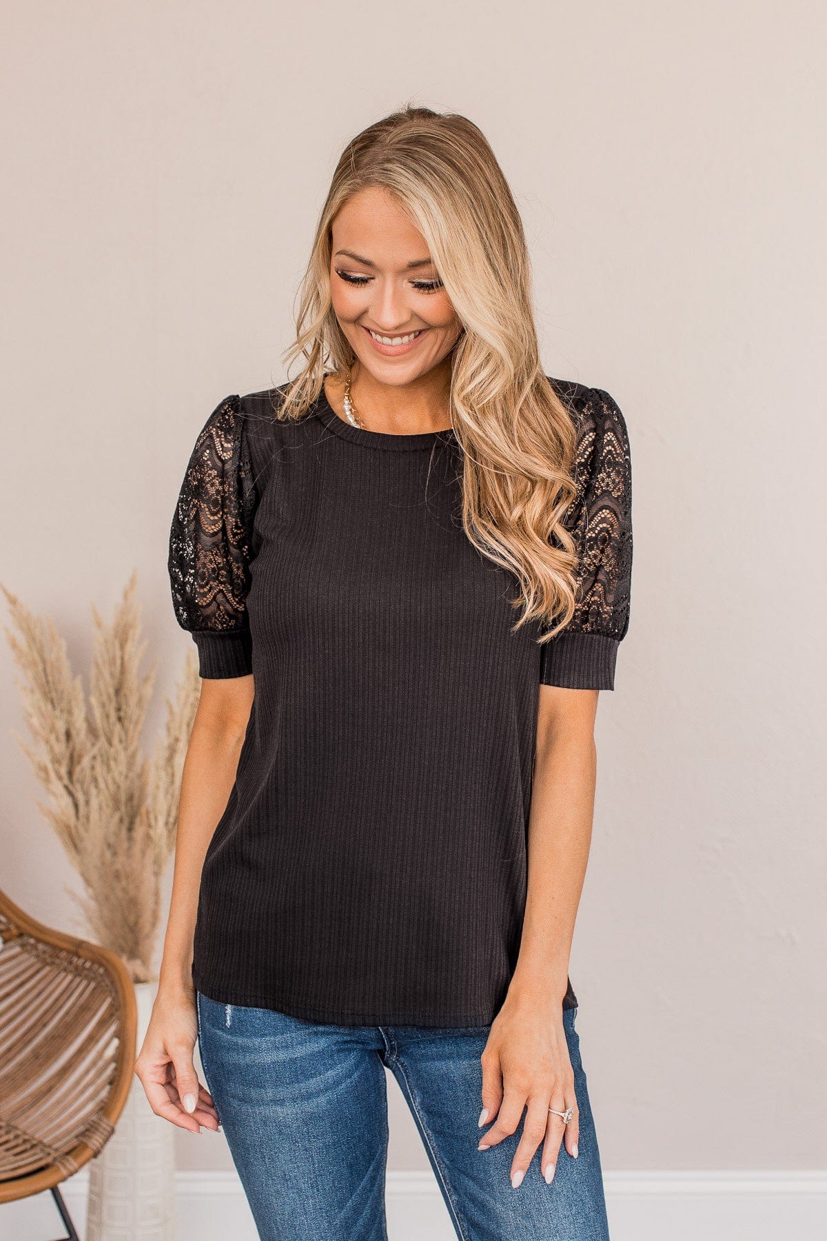 Hold Us Together Crochet Sleeve Top- Black - Image 2