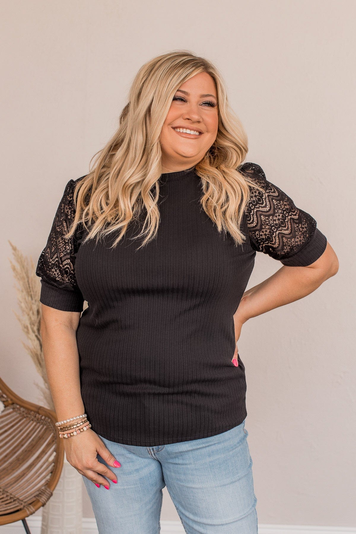 Hold Us Together Crochet Sleeve Top- Black - Image 3