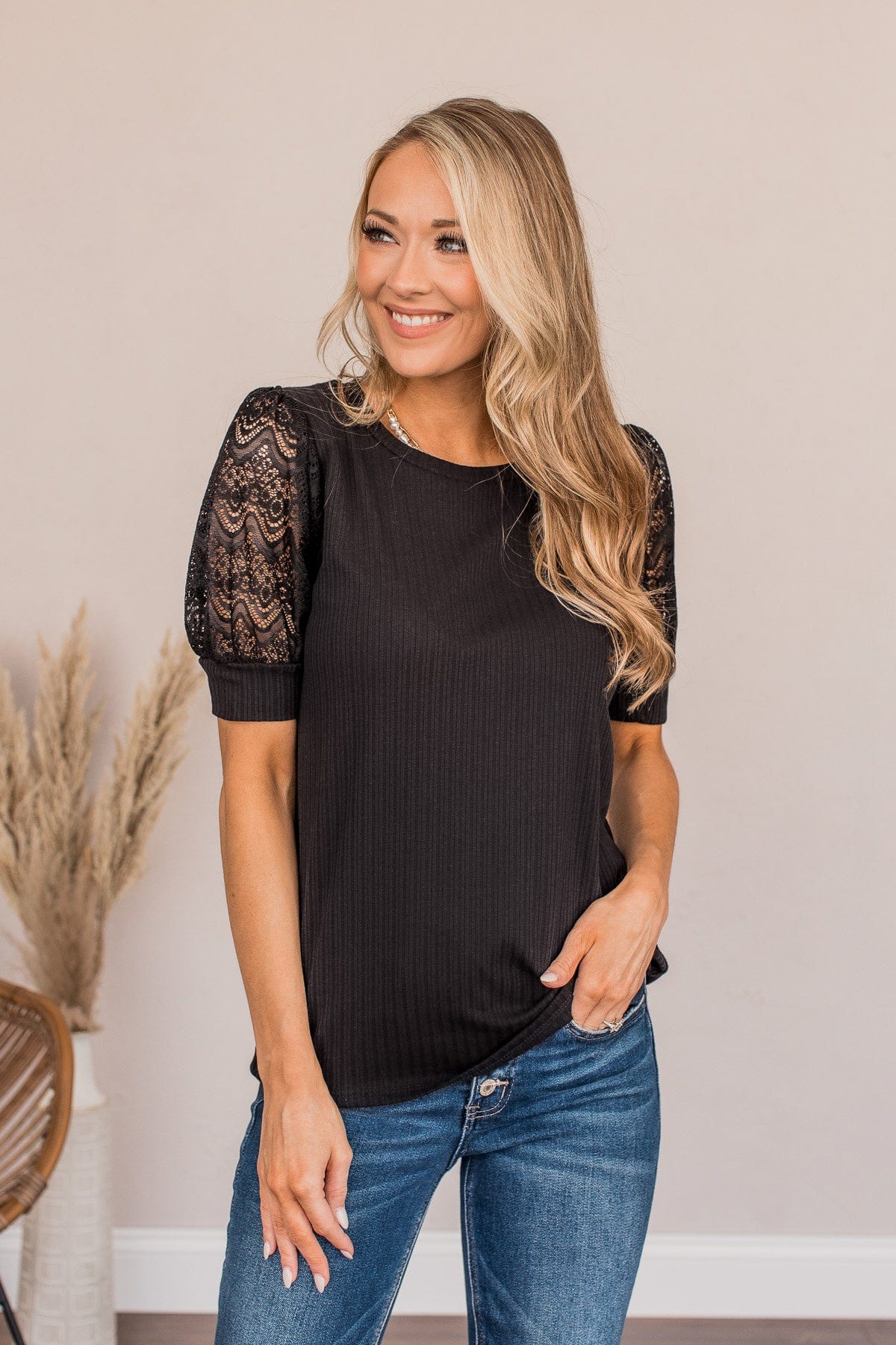 Hold Us Together Crochet Sleeve Top- Black - Image 4