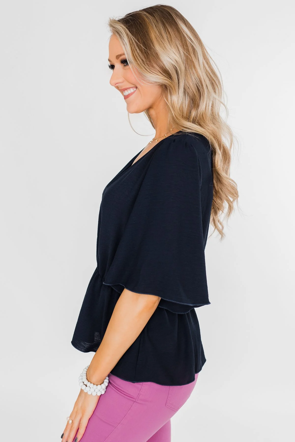 Hold You Tight Cinched Waist Blouse- Navy - Image 10