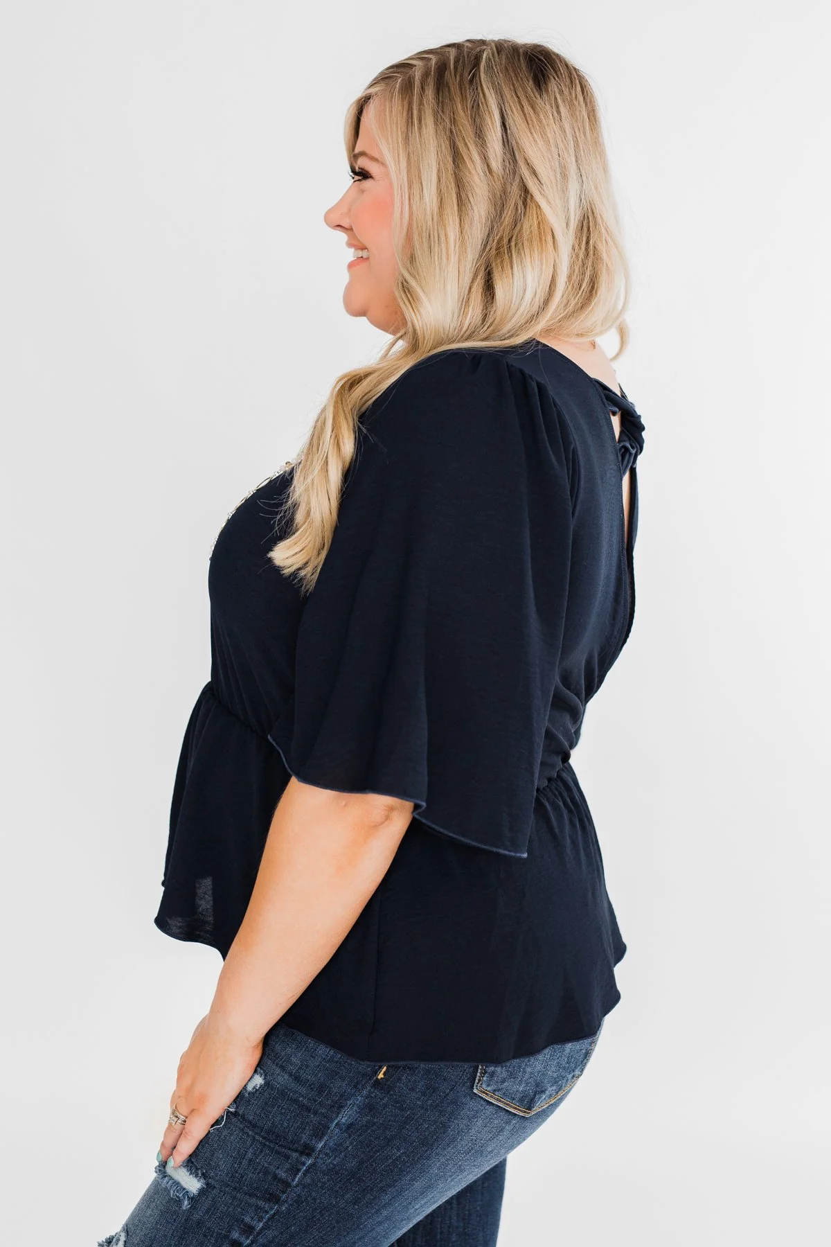 Hold You Tight Cinched Waist Blouse- Navy - Image 11